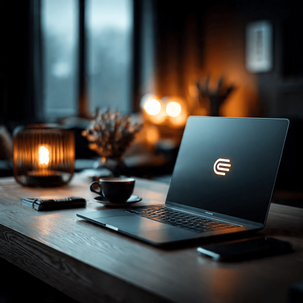 A sleek laptop with a glowing logo sits on a wooden table, accompanied by a smartphone and a coffee cup. Soft ambient lighting creates a warm, cozy atmosphere.
