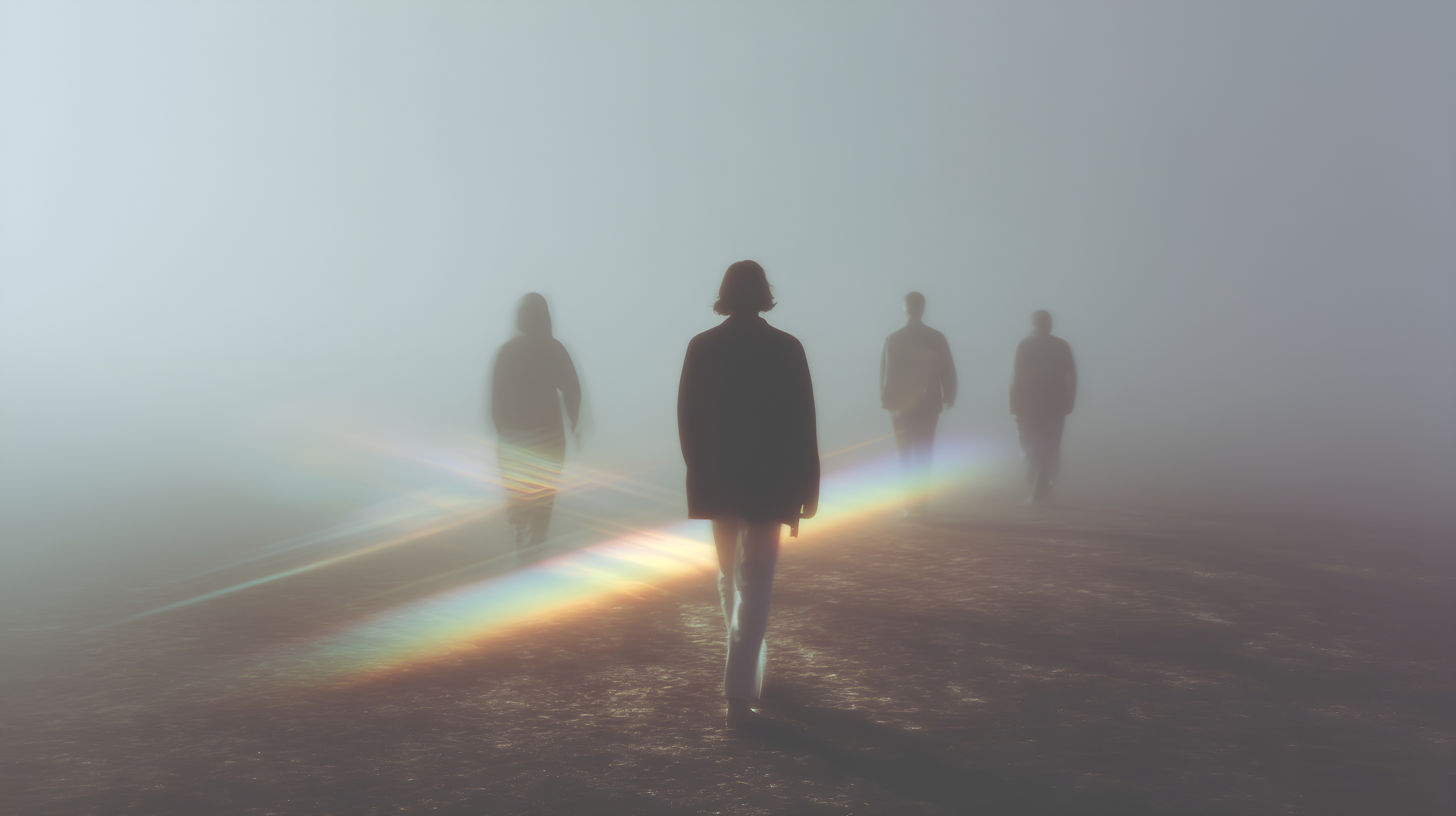 Four silhouetted figures walk into dense fog, with a rainbow-like light effect adding a surreal and dreamlike quality to the scene.