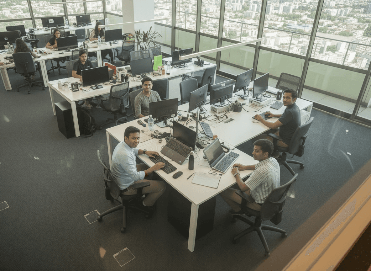 Engineers working at cluster desks in a modern high-rise tech office in India, with a panoramic city skyline visible through floor-to-ceiling glass windows