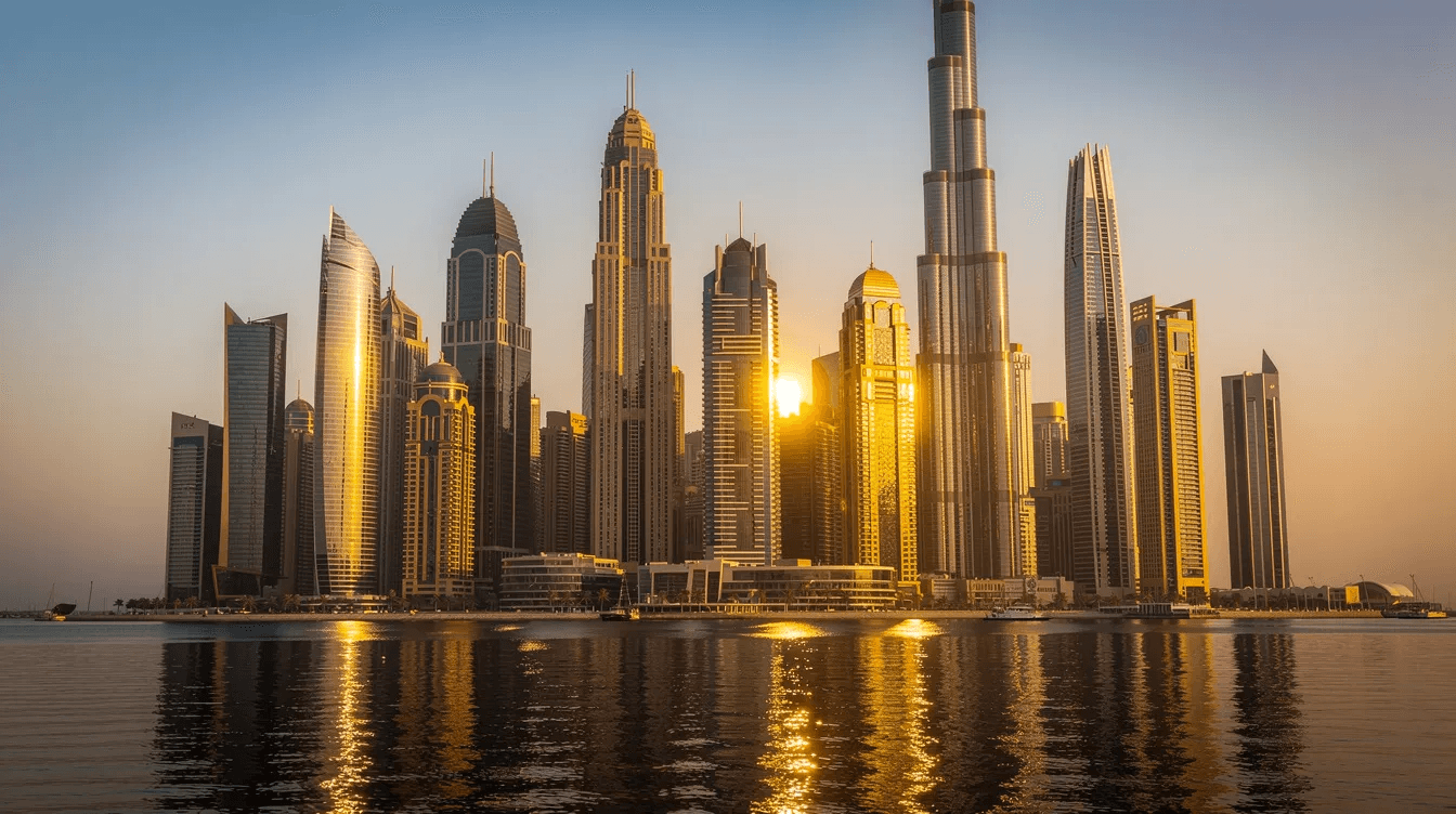 The image depicts the modern Dubai skyline featuring sleek glass office towers that reflect the warm sunlight during the golden hour, showcasing the city's architectural beauty. This vibrant scene symbolizes the innovative spirit of a leading web design agency in Dubai, emphasizing the importance of digital presence for business growth.
