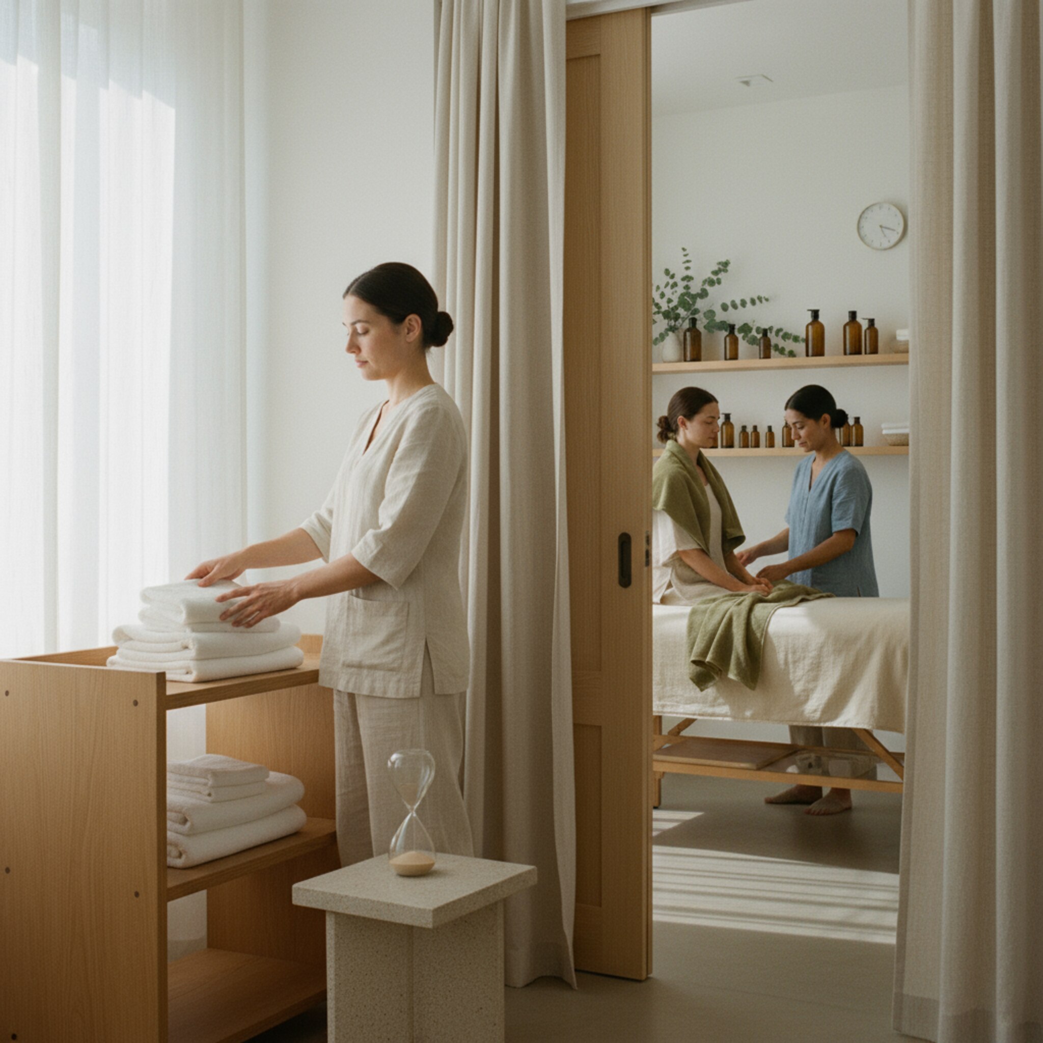 Zwischen zwei Behandlungen legt ein Therapeut frische Tücher bereit, während im Nachbarraum eine Sitzung endet. Eine kleine Sanduhr markiert die Pufferzeit. Die Räume wirken optimal getaktet, ohne Hektik. Alles greift ruhig ineinander.