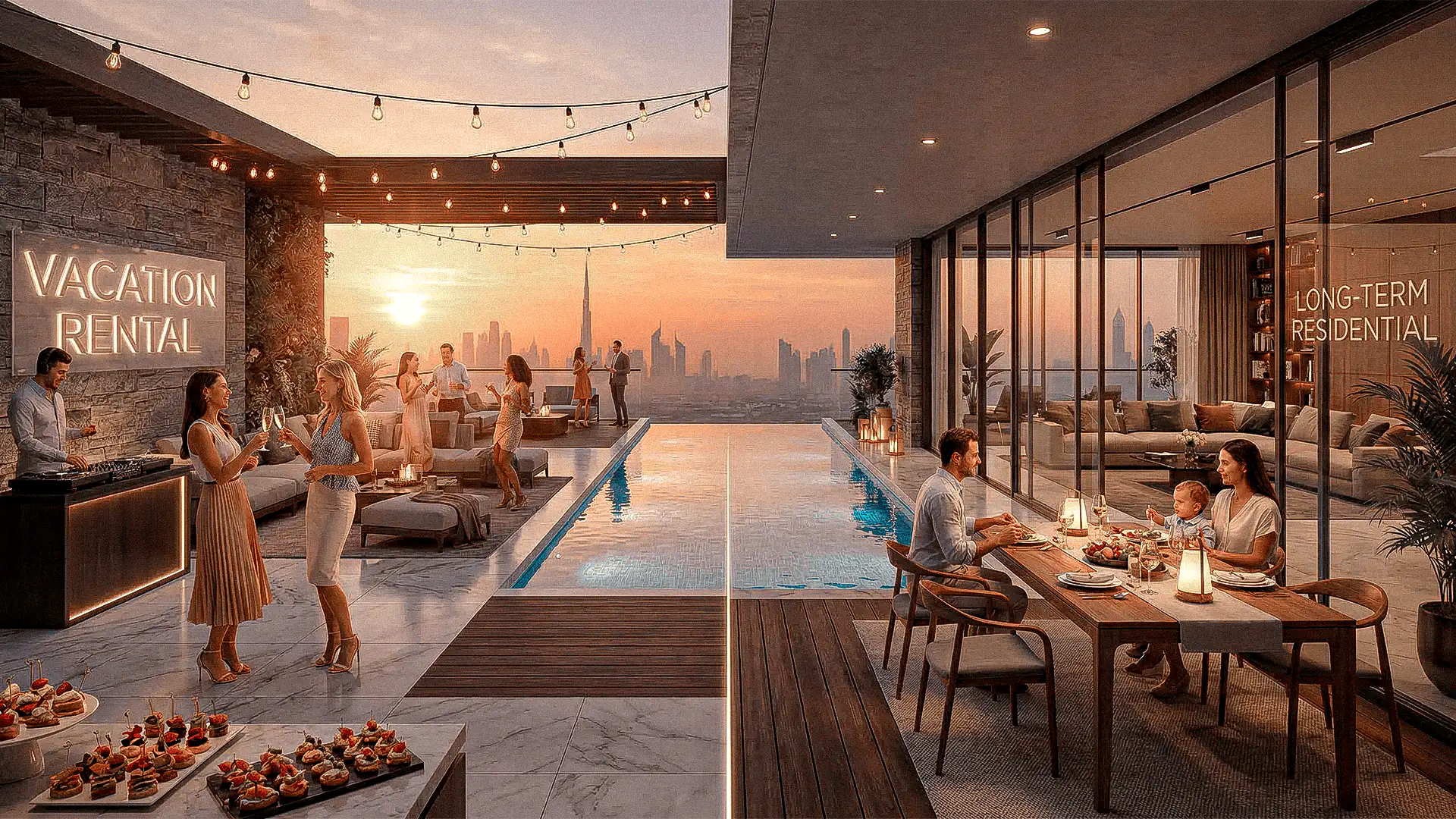 Propiedad residencial en Dubái diseñada para alquiler vacacional y residencia a largo plazo con vista al skyline urbano.