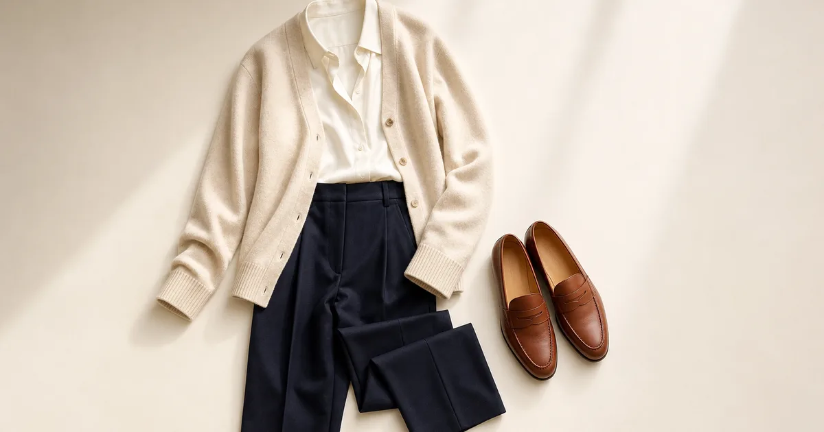 Cream jacket with an ivory top and navy accessory on a warm stone background