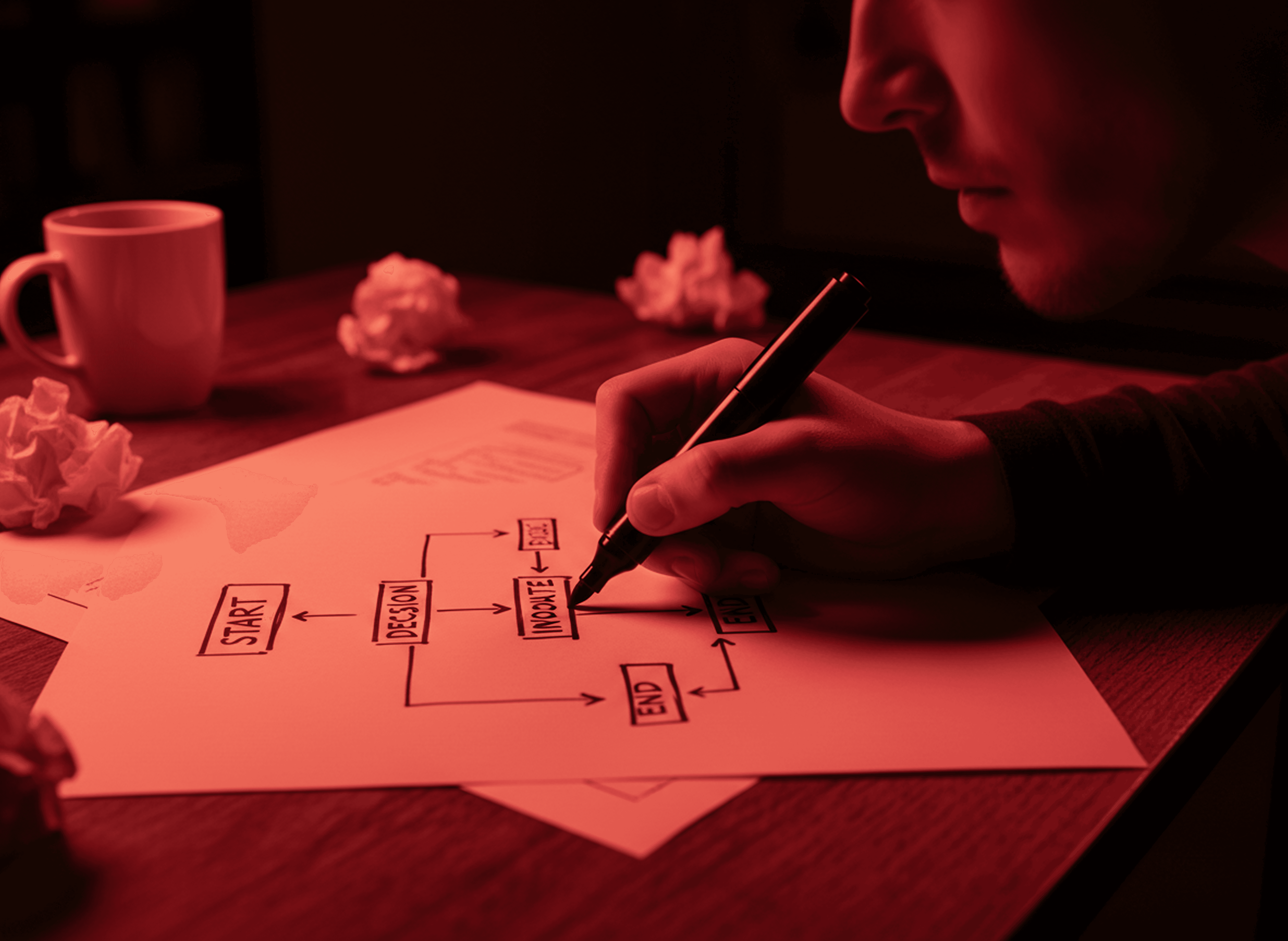 A person is drawing a flowchart on a piece of paper with a black marker.