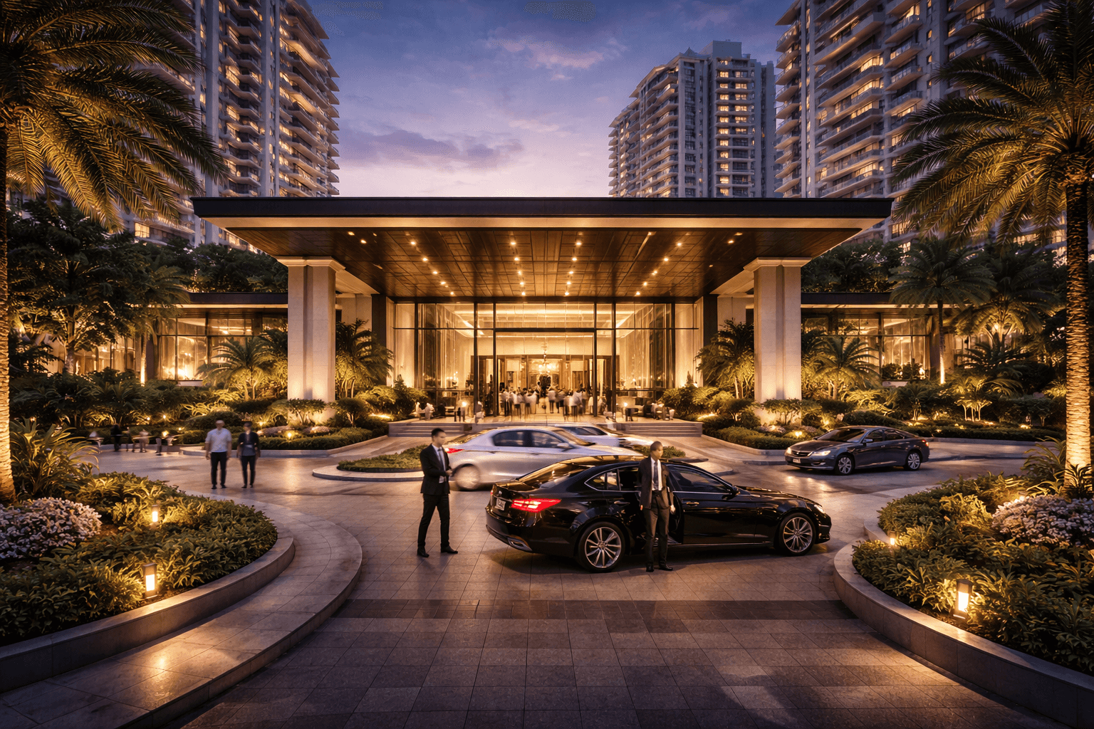 Grand entrance with modern porte-cochère and landscaped arrival experience in Mohali