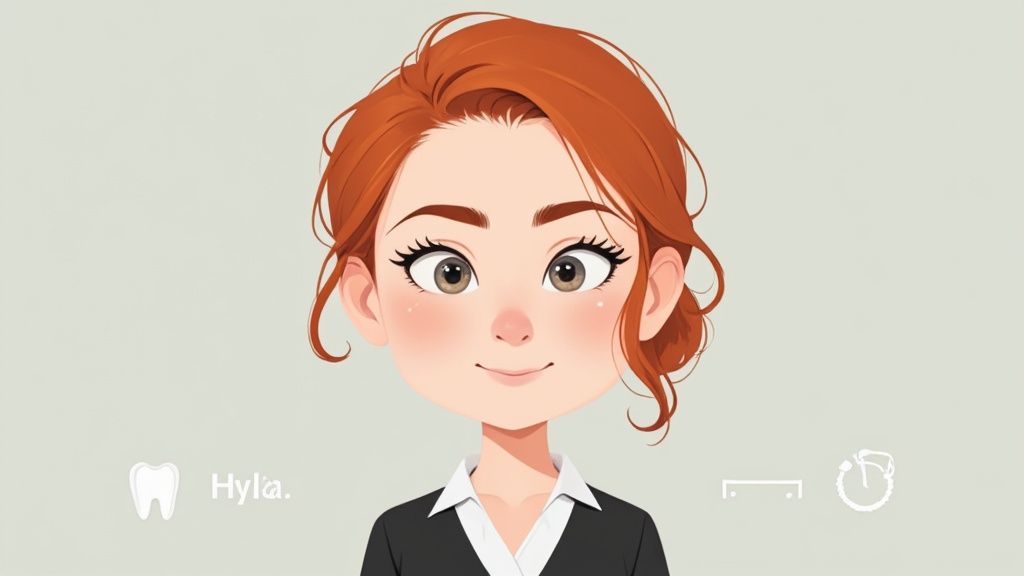 Zeichnung einer lächelnden Frau mit roten Haaren im Business-Outfit, daneben ein Zahn-Logo und der Text 'Hyla.'.