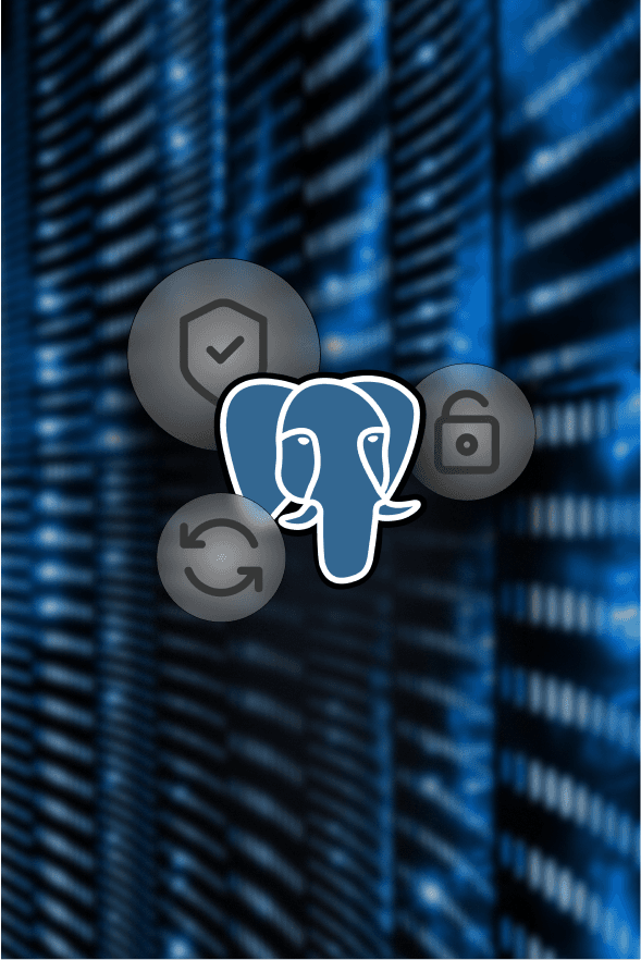 PostgreSQL logo with shild, open-lock icon.