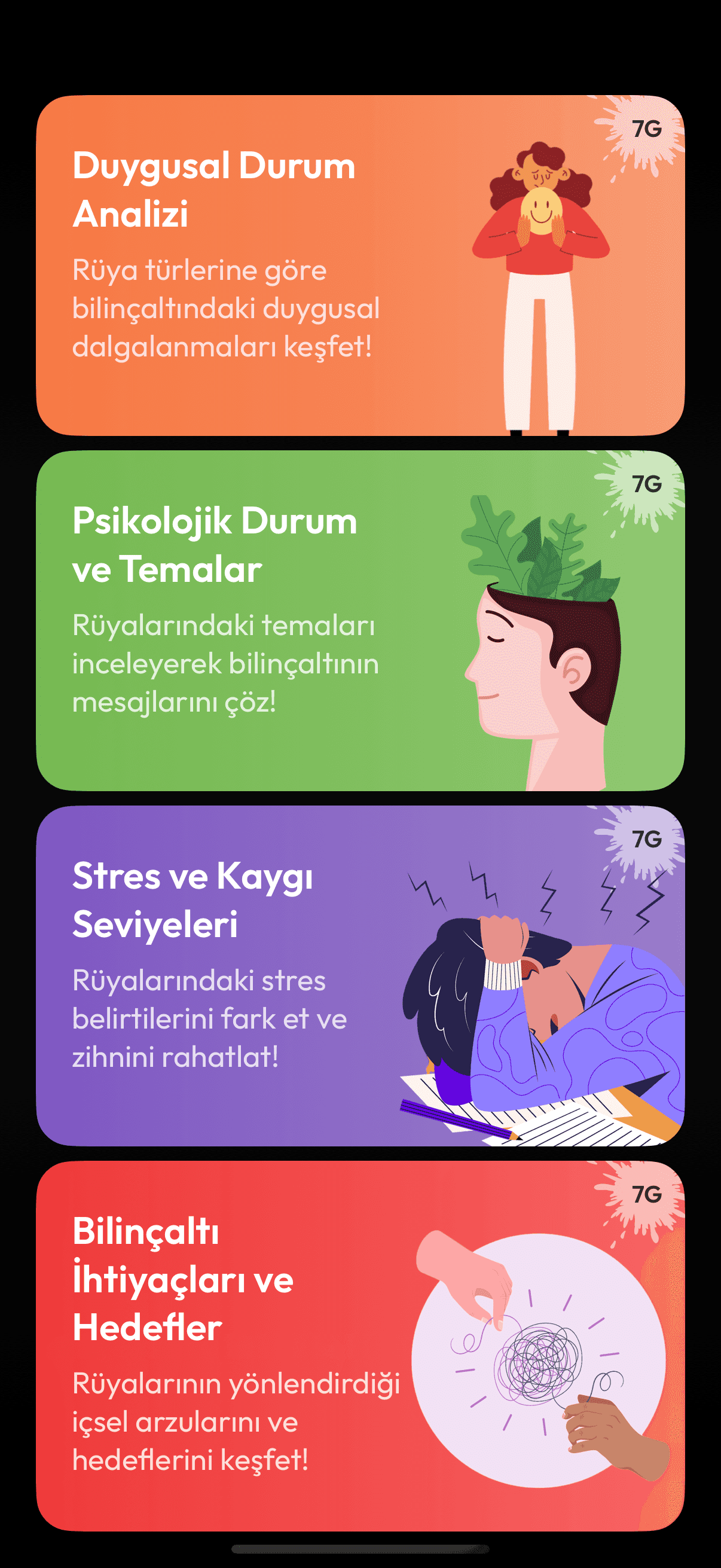 Asteria rüya analizi arayüzü — duygusal durum, psikolojik temalar, stres seviyeleri ve bilinçaltı hedefleri arasından analiz türü seçme ekranı.