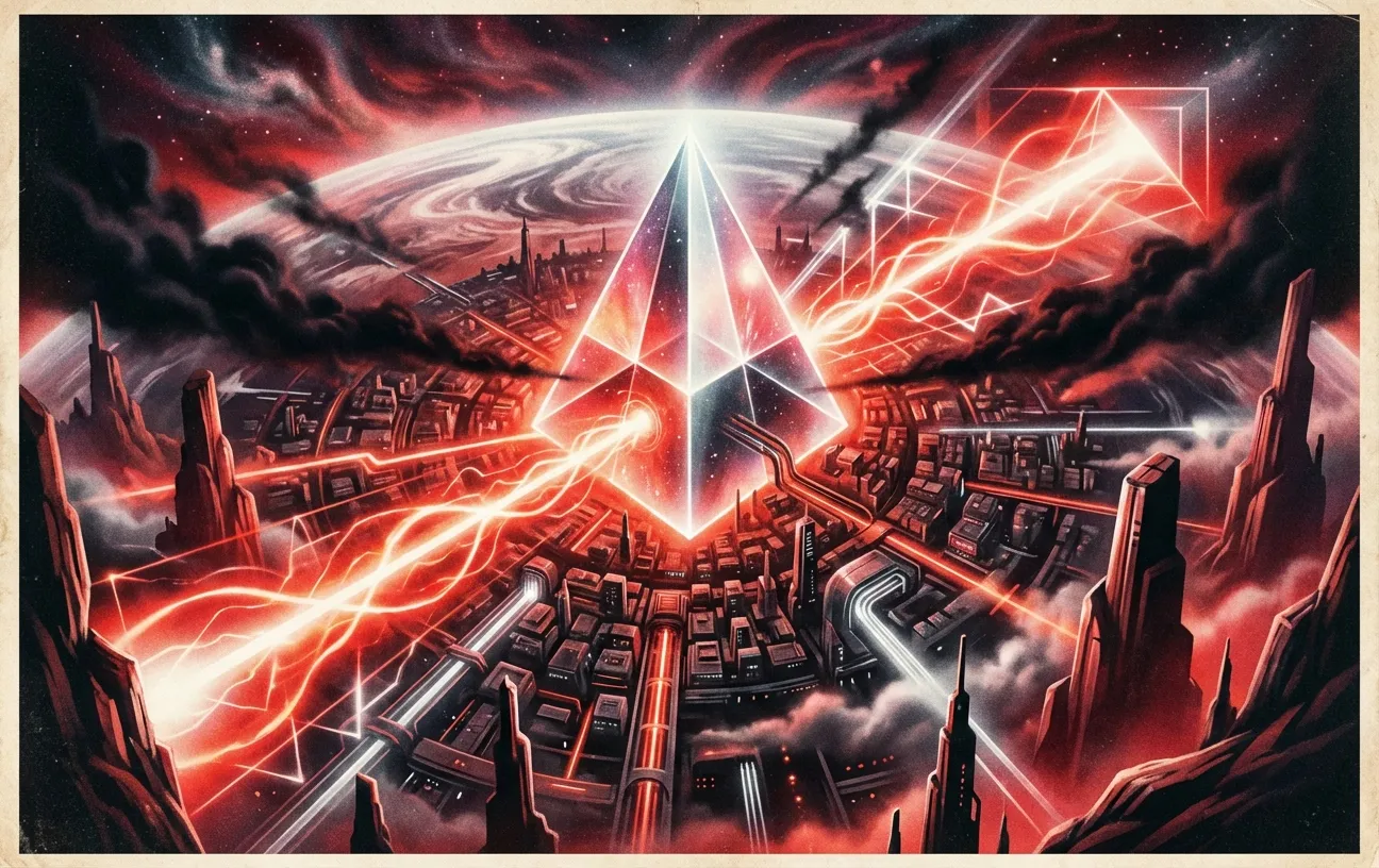 Futuristic cityscape with glowing pyramid, RockN' Socials Digital Marketing Agency.