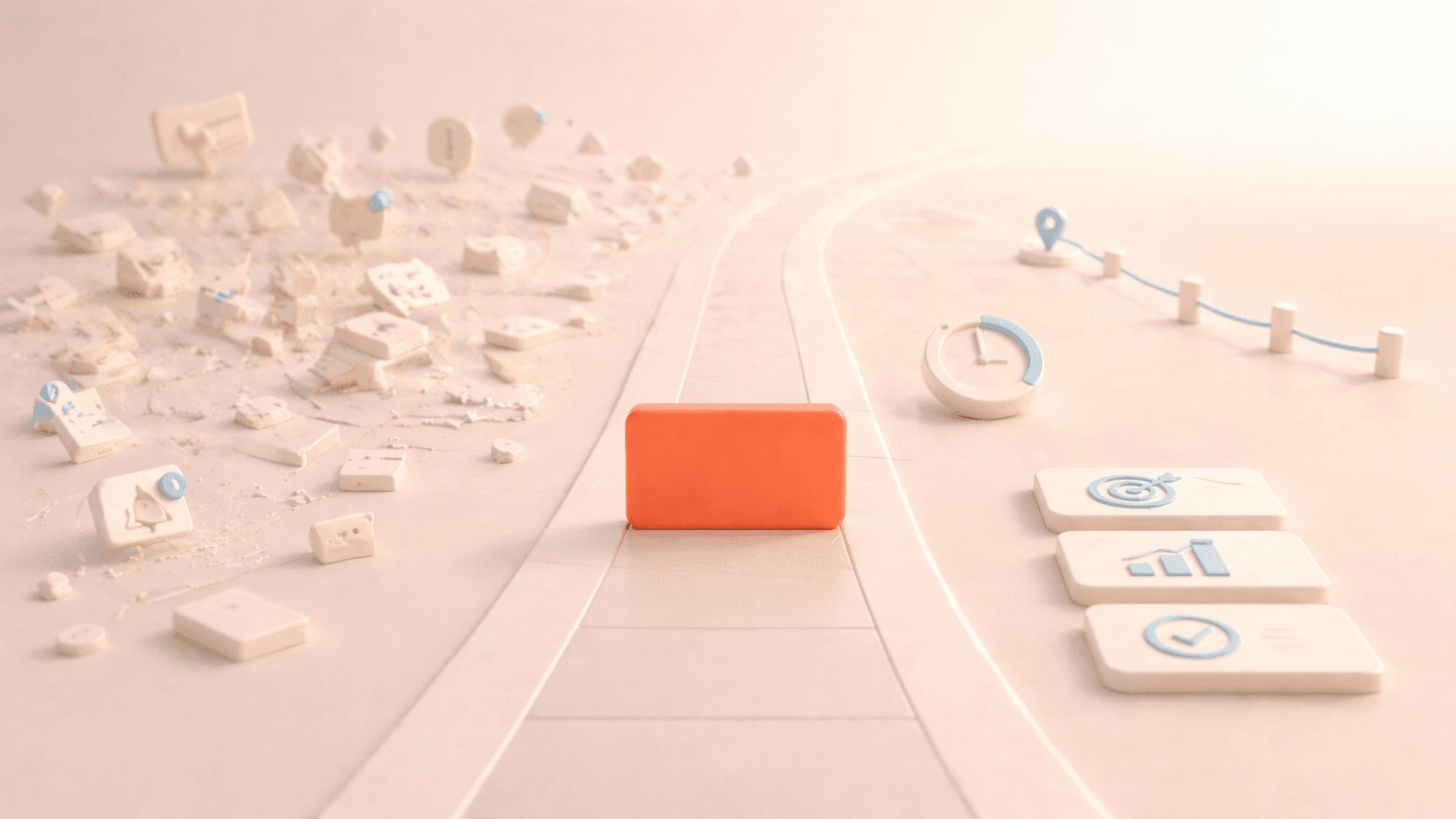 Minimalistische 3D-Illustration einer korallfarbenen Fokuskarte auf einem klaren, direkten Pfad, während links chaotische, fragmentierte Aufgaben- und Benachrichtigungselemente verstreut sind und rechts wenige geordnete Ergebnis- und Fortschrittssymbole erscheinen, die den Unterschied zwischen bloßer Beschäftigung und echter Produktivität darstellen.