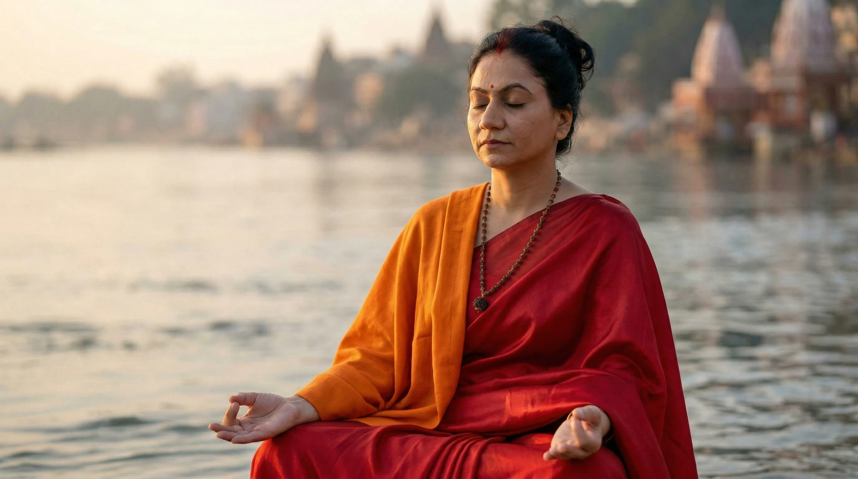 Indian female spiritual guru meditating at dawn  near a sacred river, preparing for mantra diksha  guidance by Maa Shree Geetam