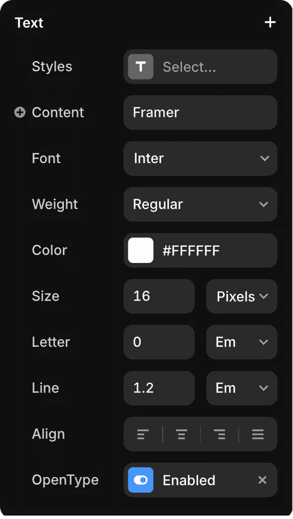 UI Framer propriedades de texto