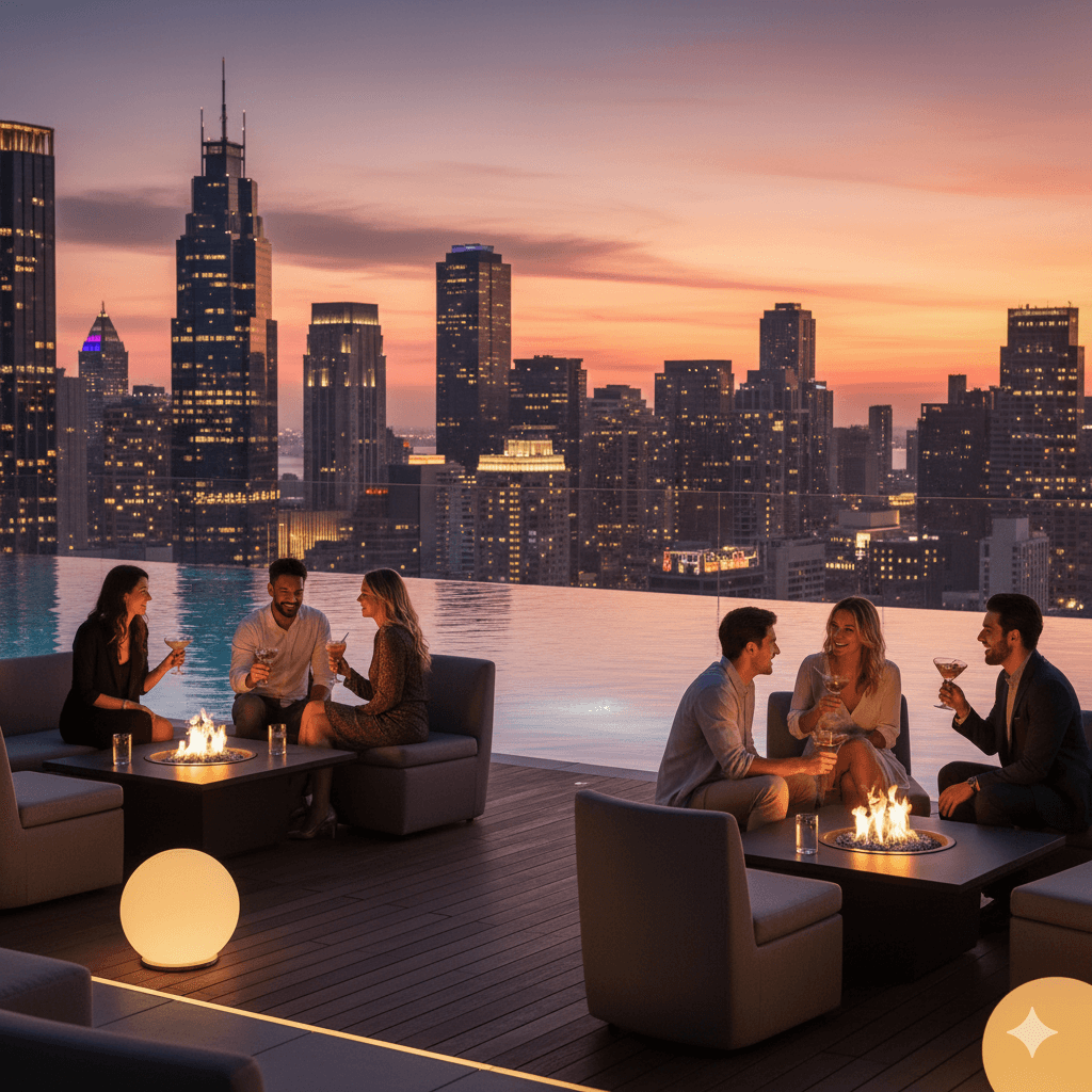 M3M luxury apartment rooftop bar, evening socializing, Gurugram skyline view