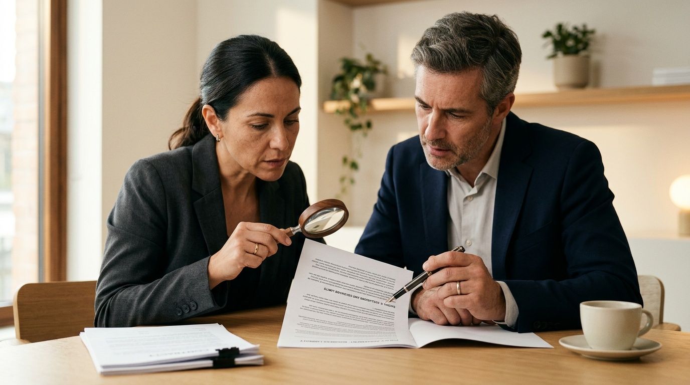 Dos profesionales revisan un documento importante con lupa y bolígrafo en una oficina.