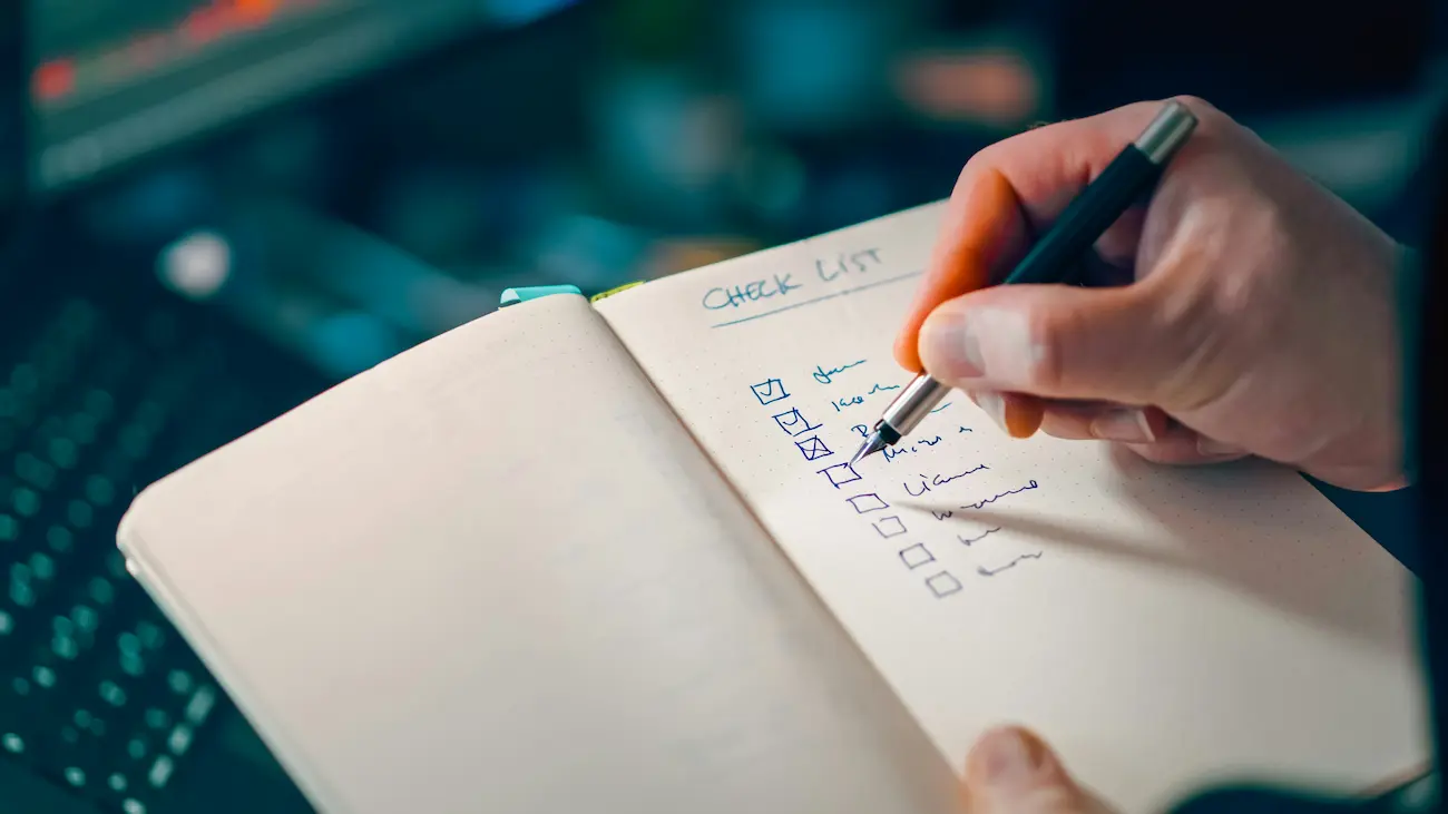 Hand ticking off a checklist in a notebook, illustrating how sports clubs can review sponsorship deals, deliverables, pricing, contracts and risks before signing.