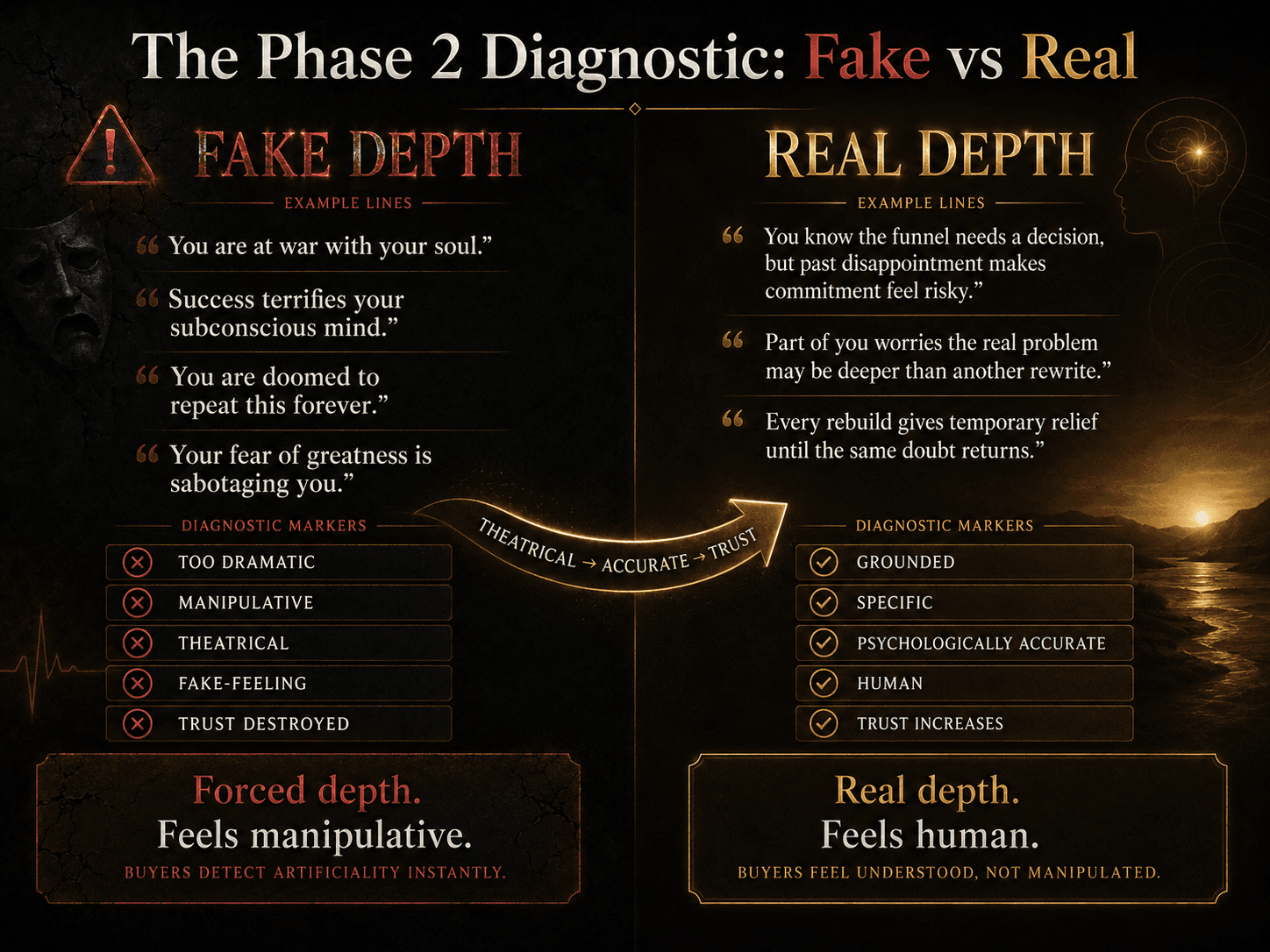 “The Phase 2 Diagnostic: Fake vs Real” Concept: A split-screen comparison showing the difference between manufactured emotional depth and real psychological accuracy. Left side (Fake Depth — Red/Desaturated): Overly dramatic, theatrical messaging: “You are at war with your soul.” “Success terrifies your subconscious mind.” “You are doomed to repeat this forever.” “Your fear of greatness is sabotaging you.” Diagnostic markers: “Too dramatic,” “Manipulative,” “Theatrical,” “Fake-feeling,” “Trust destroyed.” Label: “Forced depth. Feels manipulative. Buyers detect artificiality instantly.” Right side (Real Depth — Gold/Glowing): Calm, specific, psychologically accurate messaging: “You know the funnel needs a decision, but past disappointment makes commitment feel risky.” “Part of you worries the real problem may be deeper than another rewrite.” “Every rebuild gives temporary relief until the same doubt returns.” Diagnostic markers: “Grounded,” “Specific,” “Psychologically accurate,” “Human,” “Trust increases.” Label: “Real depth. Feels human. Buyers feel understood, not manipulated.” A curved arrow points from left to right with the word: “Theatrical → Accurate → Trust.” Style: Dark charcoal background. Left side: desaturated red/grey, dramatic fonts, warning symbols. Right side: warm gold/amber, calm fonts, checkmarks. Interaction: Hovering the left side reveals why each example feels fake (over-dramatic, no specificity, manipulative). Hovering the right side reveals the psychological principle behind why it works (grounded, specific, emotionally accurate). A toggle switches between “Fake Depth” and “Real Depth.”