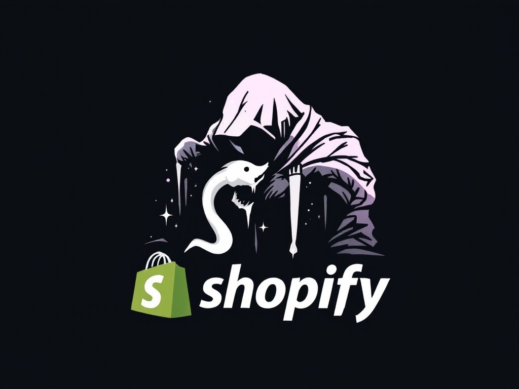 Hooded figure with a snake and Shopify logo, symbolizing Shopify or headless commerce for flexible, scalable e-commerce solutions.