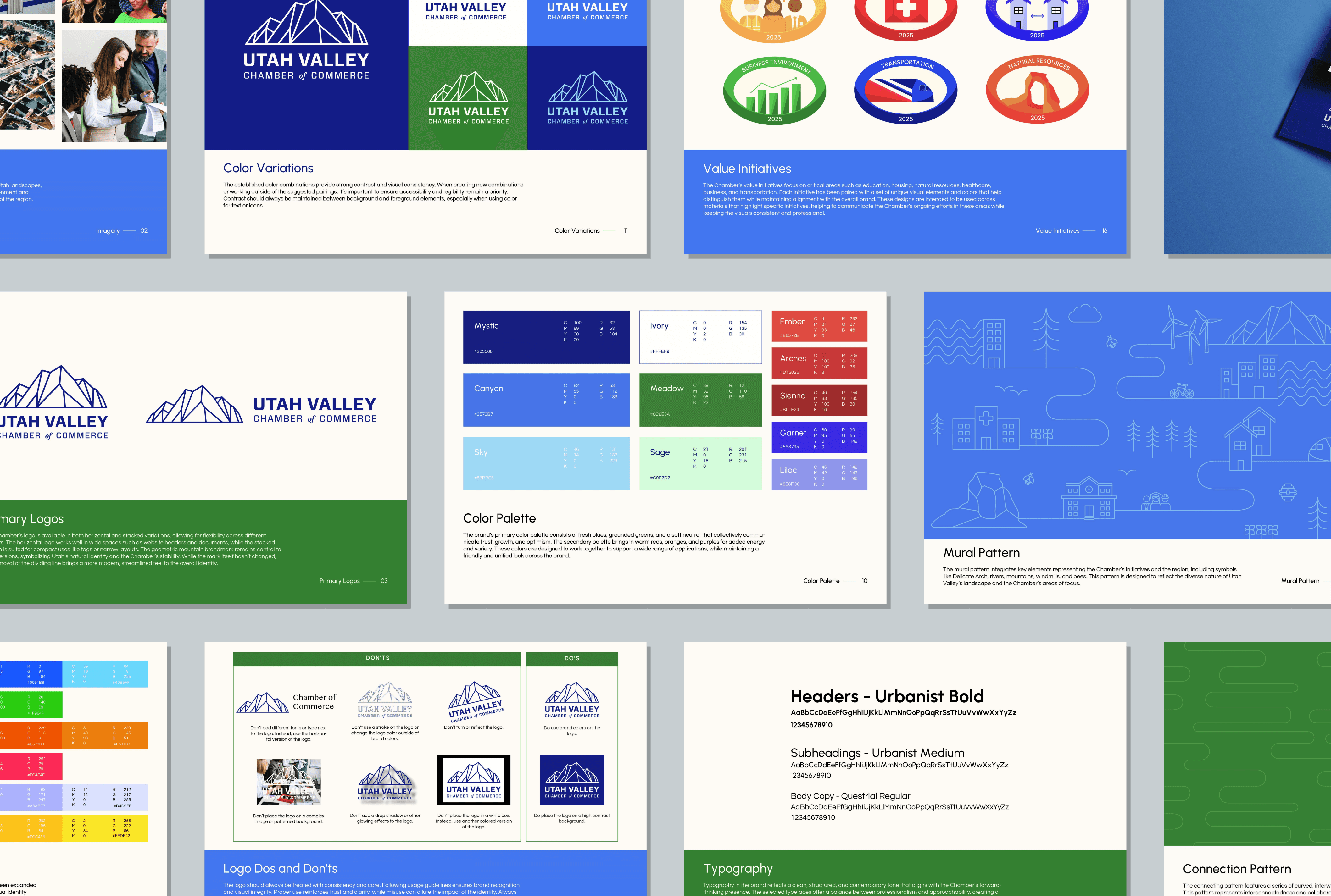 Brand guidelines for Utah Valley Chamber of Commerce, showing logos & colors.