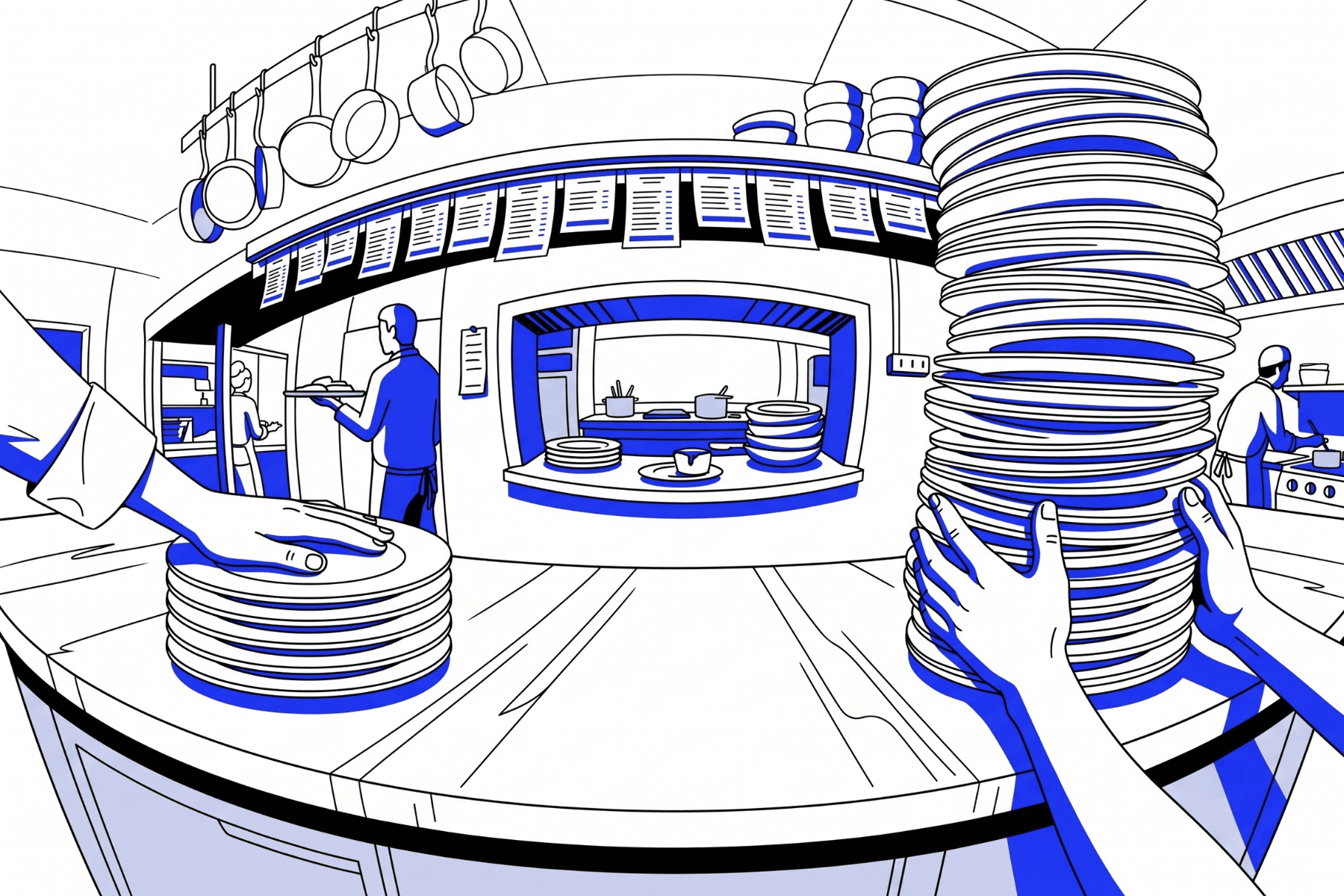 Five plates stacked neatly next to fifty plates piled high on a restaurant kitchen counter, illustrating the operational shift when managing restaurant operations from 5 to 50 locations in KSA and UAE