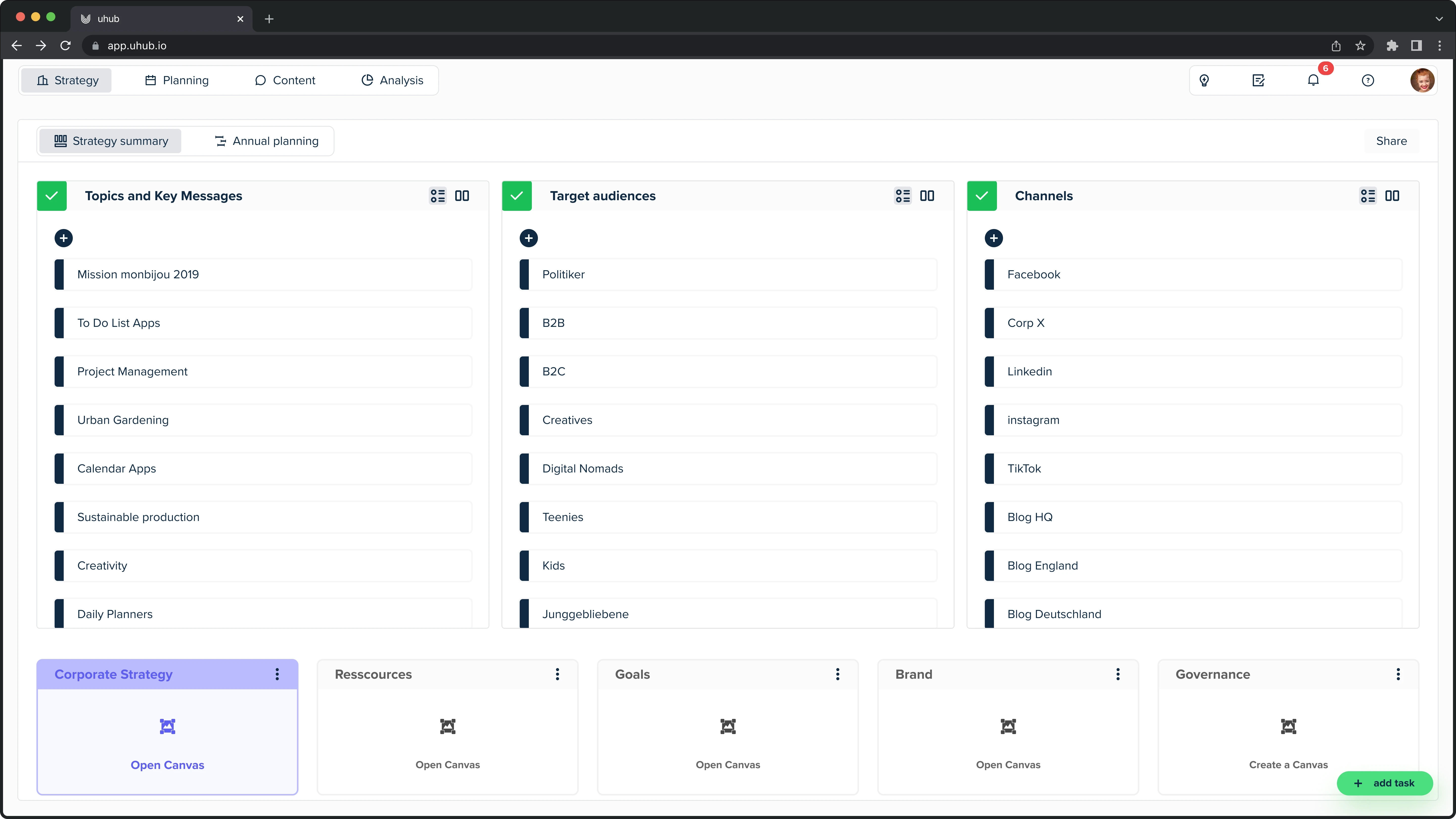 Strategie-Oberfläche auf uhub.io, die eine Übersicht über Themen, Zielgruppen und Kanäle bietet, um Unternehmen bei der Entwicklung ihrer Kommunikations- und Content-Strategien zu unterstützen.