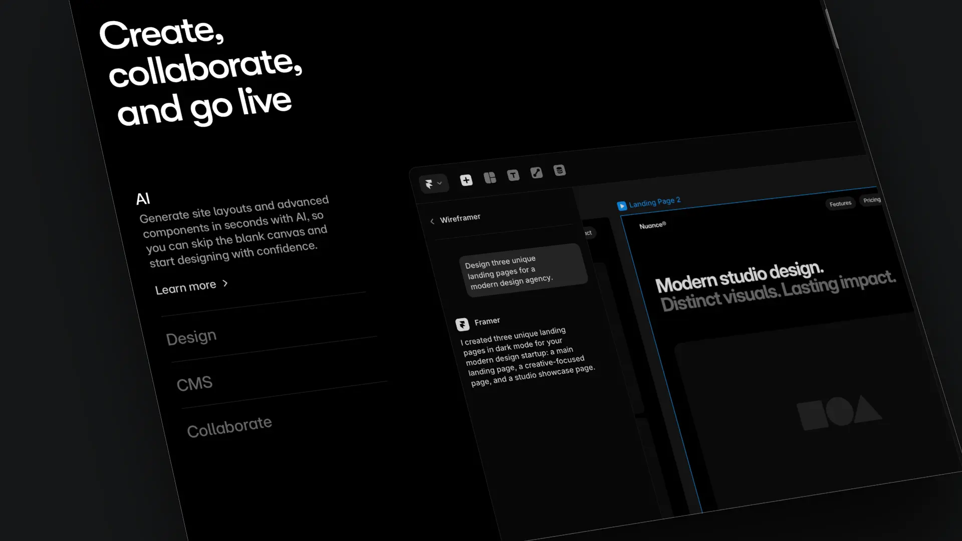 Framer interface showing AI-powered layout generation and collaborative design tools in a dark mode workspace.