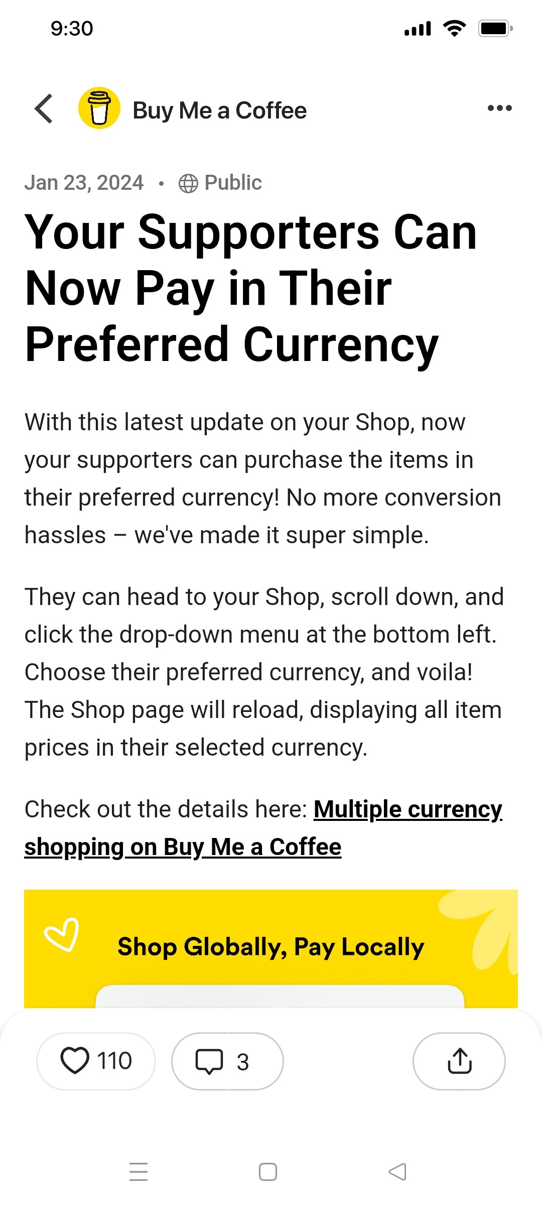 buy me a coffee Post View screen