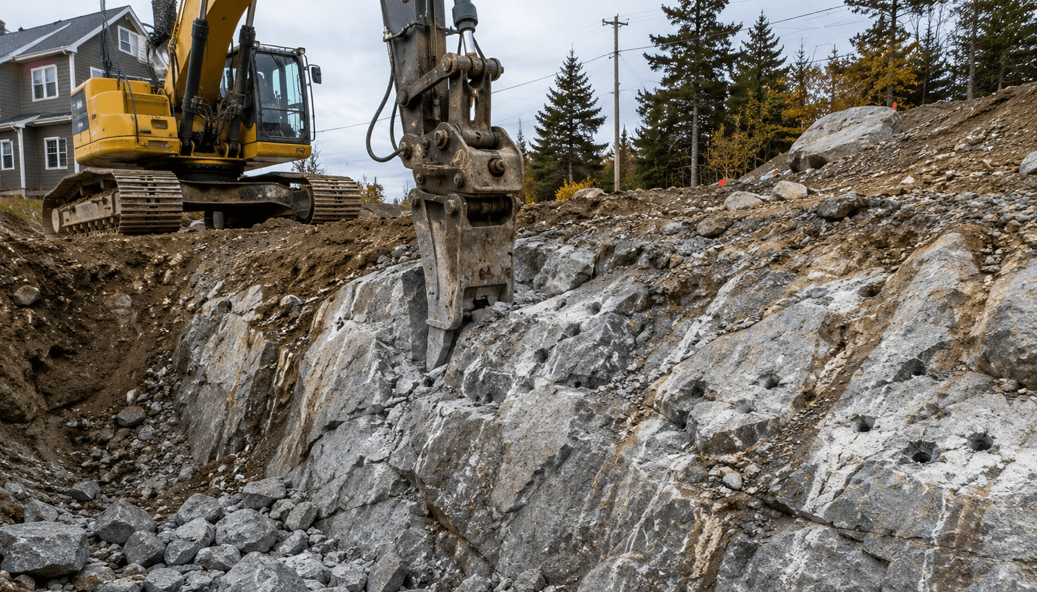 Excavator breaking through bedrock on an excavation site in Halifax, Nova Scotia