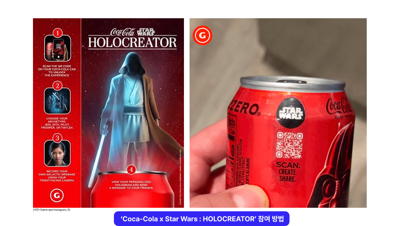 <img src="7-4 참여 방법 2.png" alt="코카콜라X스타워즈 캠페인 'fresh your galaxy' 내 ar 활용 'holocreator' 캠페인 설명, 위에이알 아티클 이미지"/>