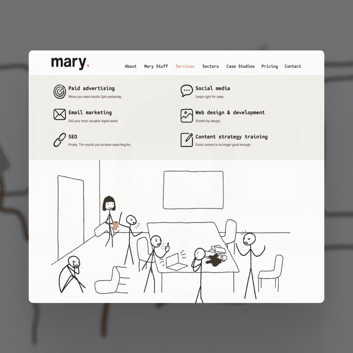 Mary Agency services page featuring hand-drawn stick figure illustrations and a list of digital marketing offerings
