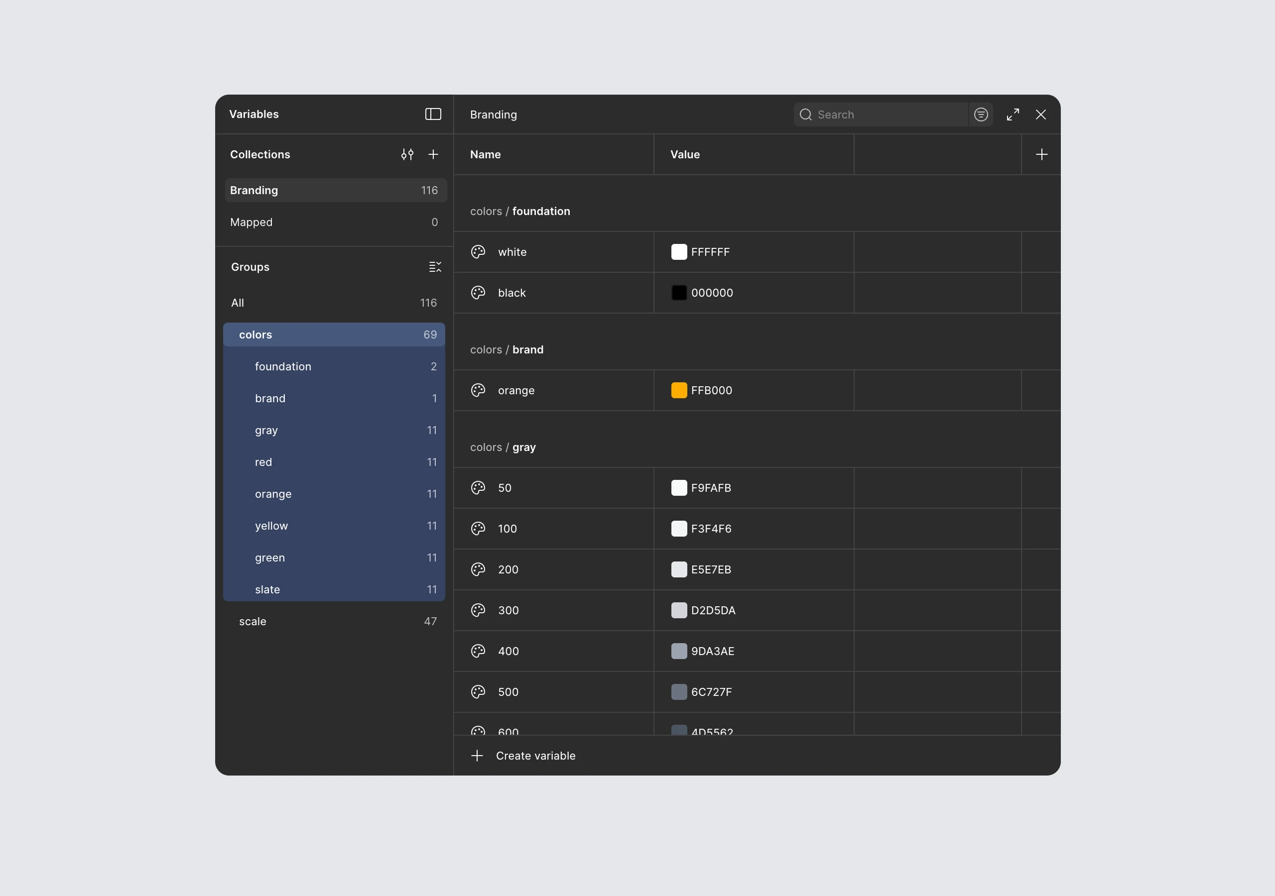 Figma design tokens defining color, spacing, and typography rules used to maintain consistency in a SaaS product.