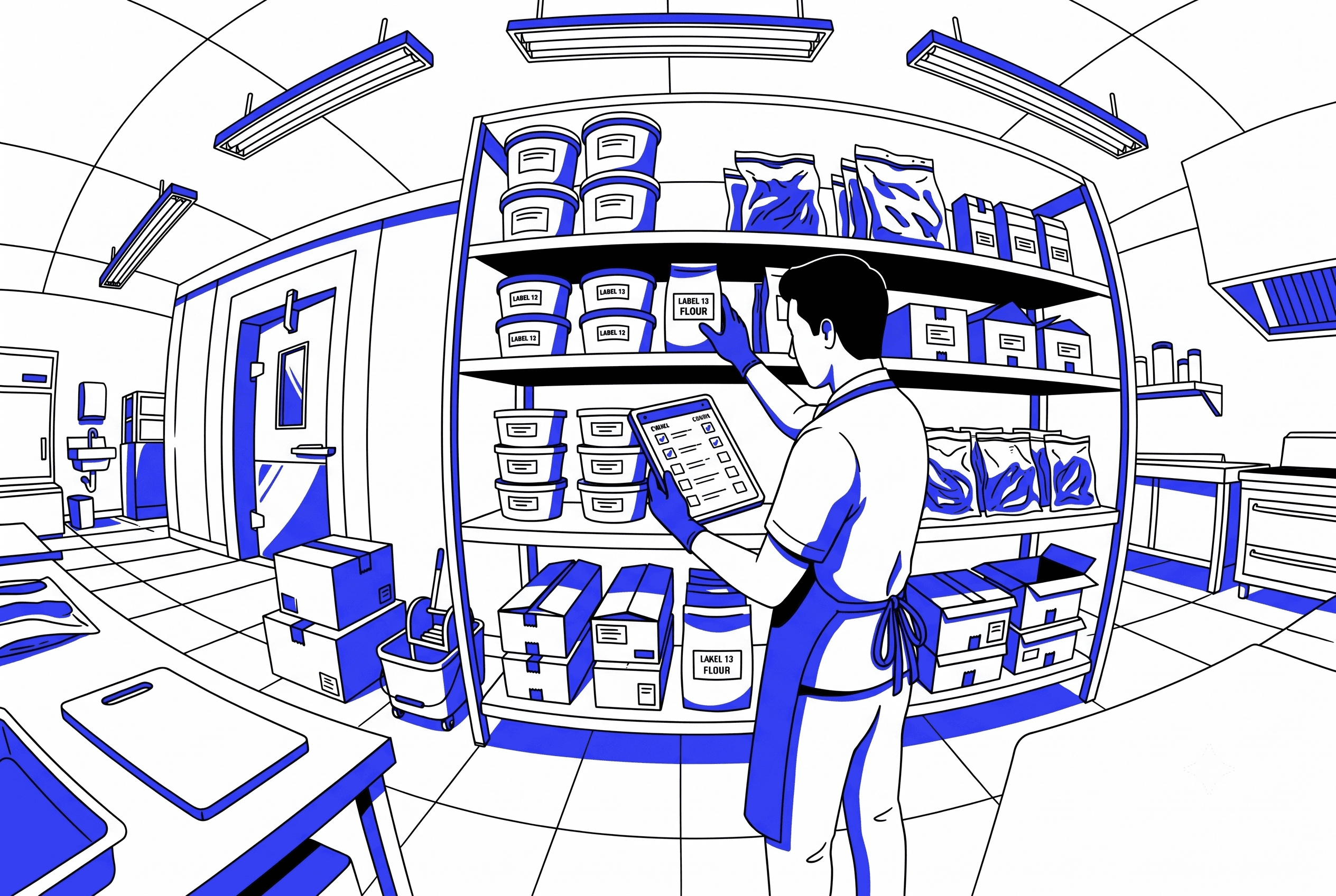 Restaurant kitchen worker using a tablet to count inventory on stainless steel shelves, representing modern inventory management software used by multi-location F&B brands in KSA and UAE to reduce food waste