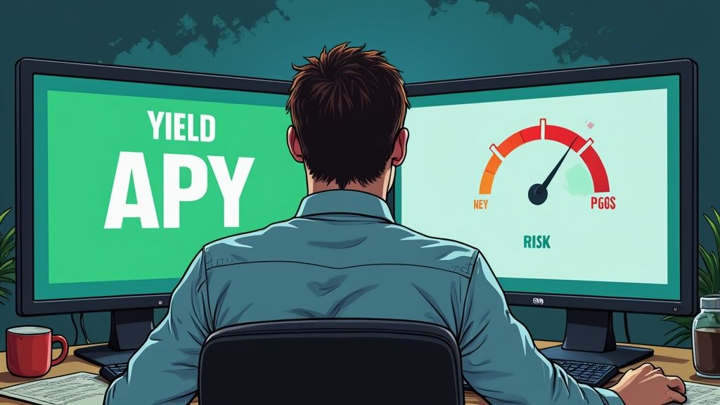 A person using a magnifying glass to inspect a digital dashboard showing various crypto yield percentages and risk metrics.