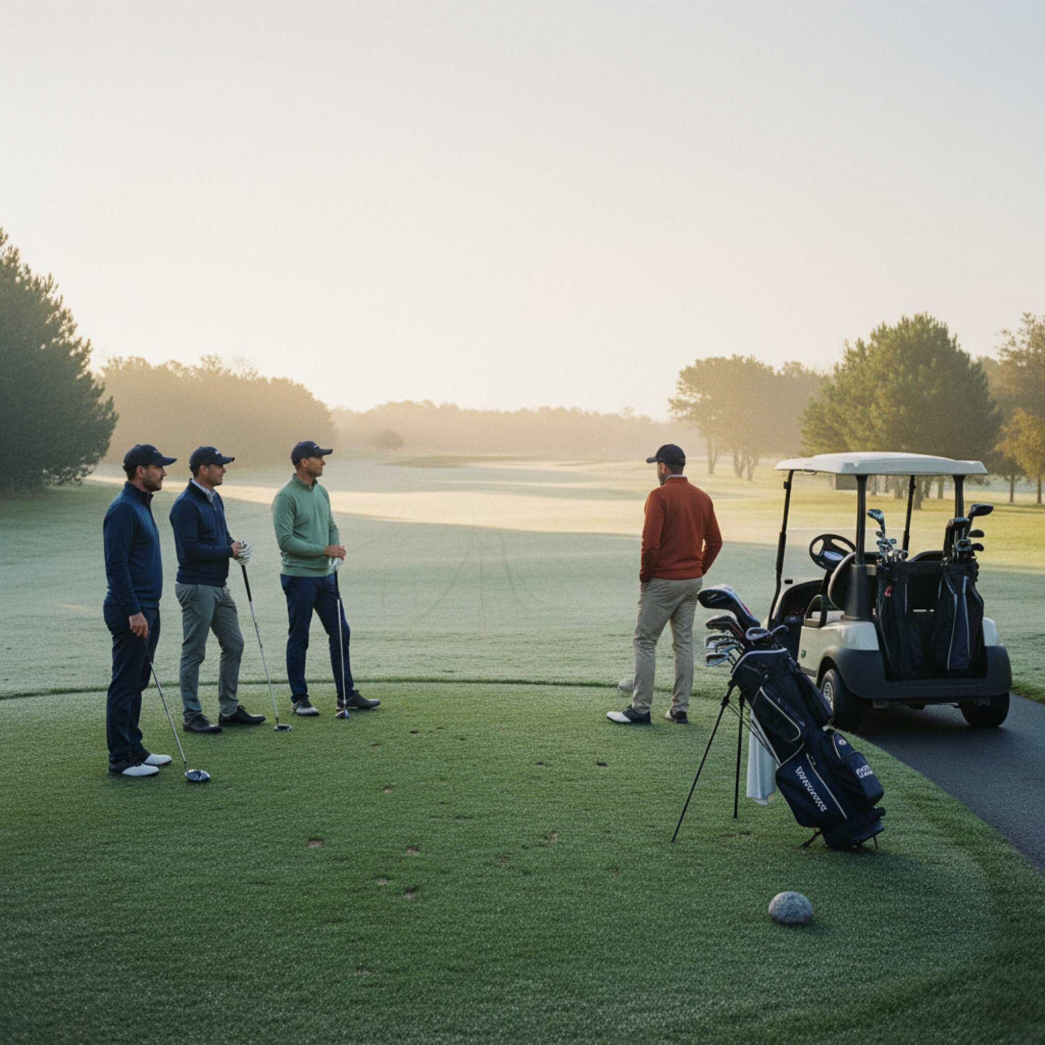 Ein Flight steht spielbereit am Abschlag, Scorekarten stecken in den Taschen. Dezent ausgerichtete Abschlagmarkierungen, ein Cart parkt am Weg, Schlägerköpfe blitzen im Morgenlicht. Die Gruppe schaut den Fairway entlang, bereit für den pünktlichen Start in die Runde.
