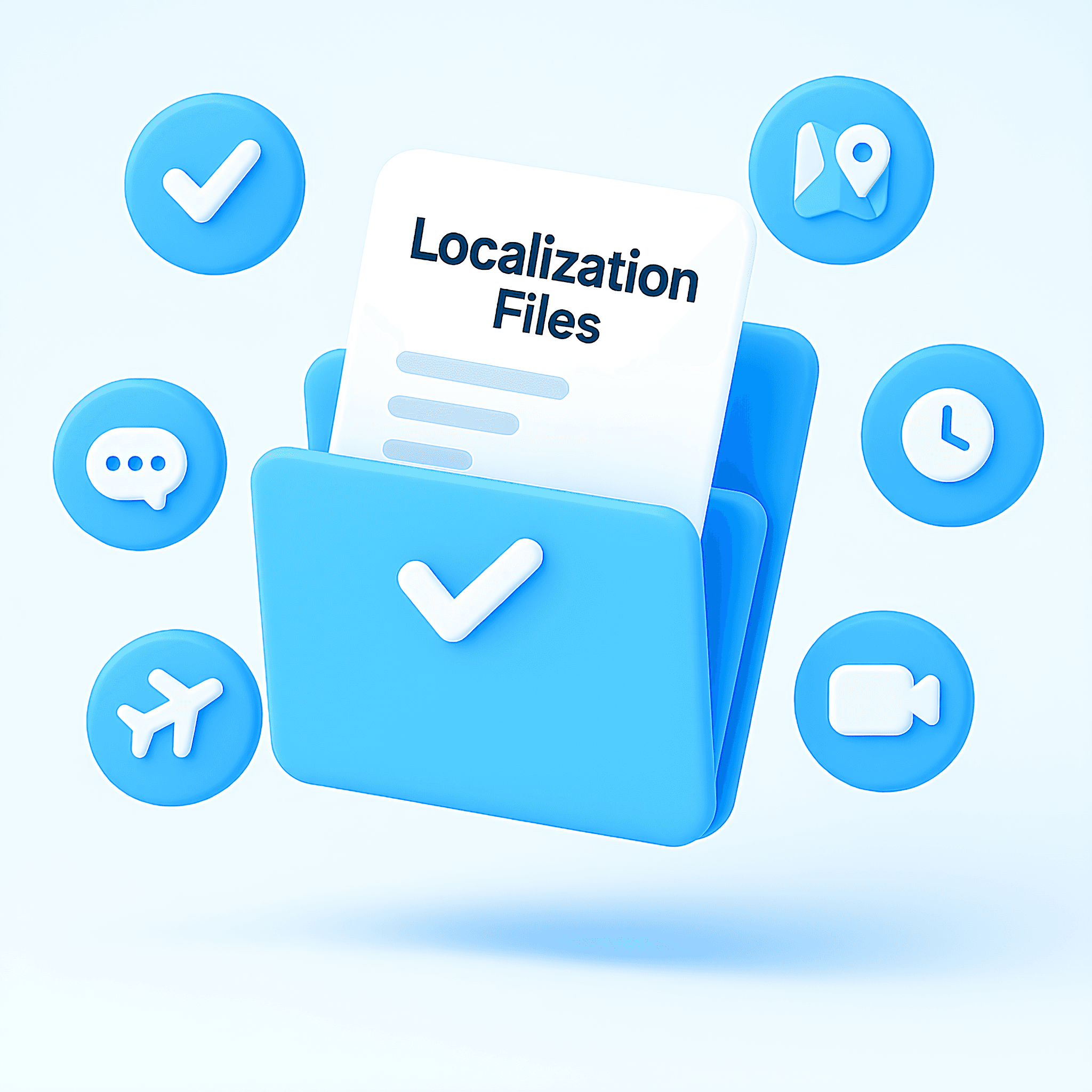 3D illustration of a blue folder with a document inside, surrounded by icons representing writing tools, ideas, and an “SRT” subtitle badge. A checkmark badge is displayed in the center.