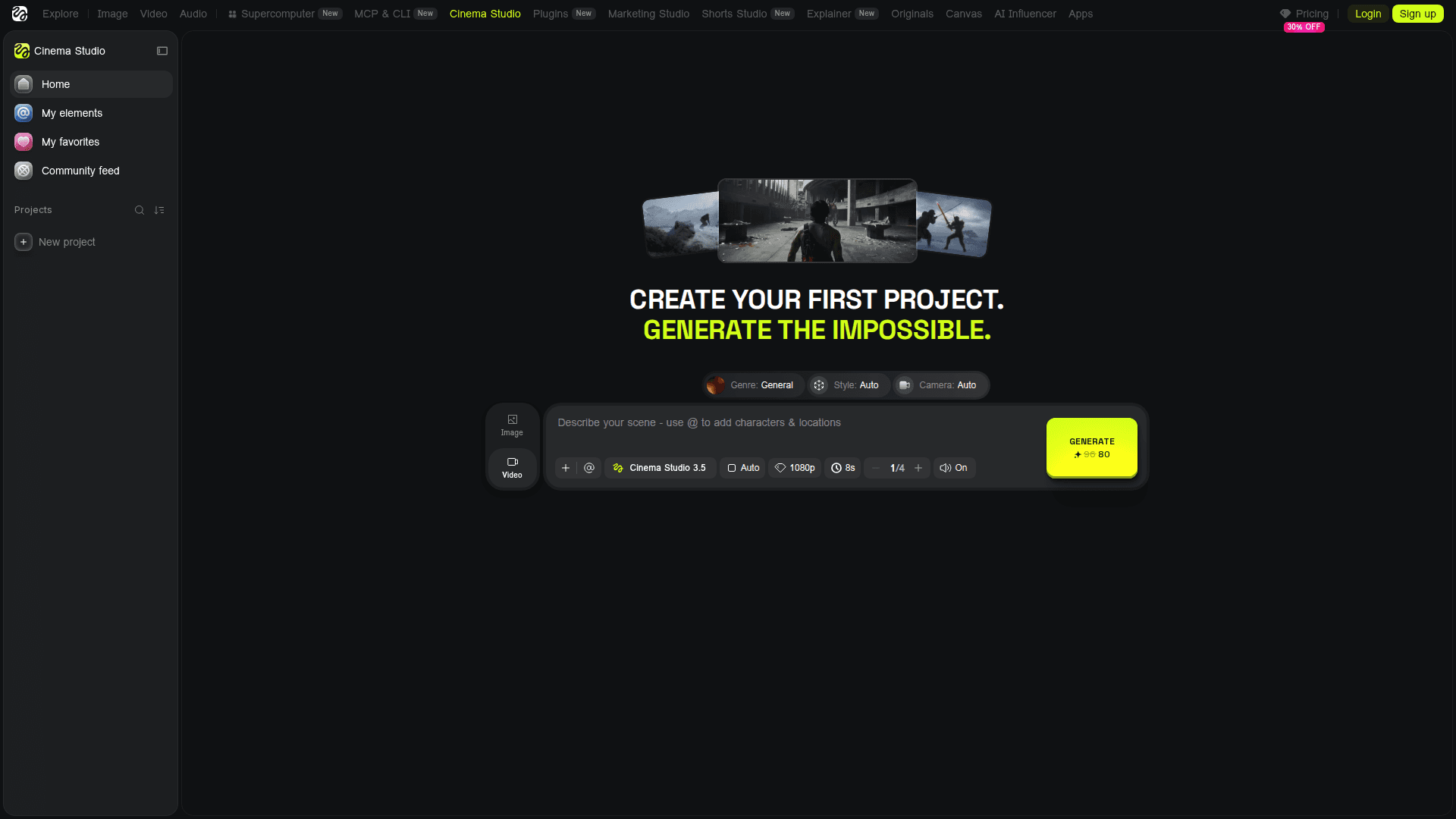 Higgsfield Cinema Studio 3.5 interface showing camera, style, and genre controls with an 80-credit cost for one video generation
