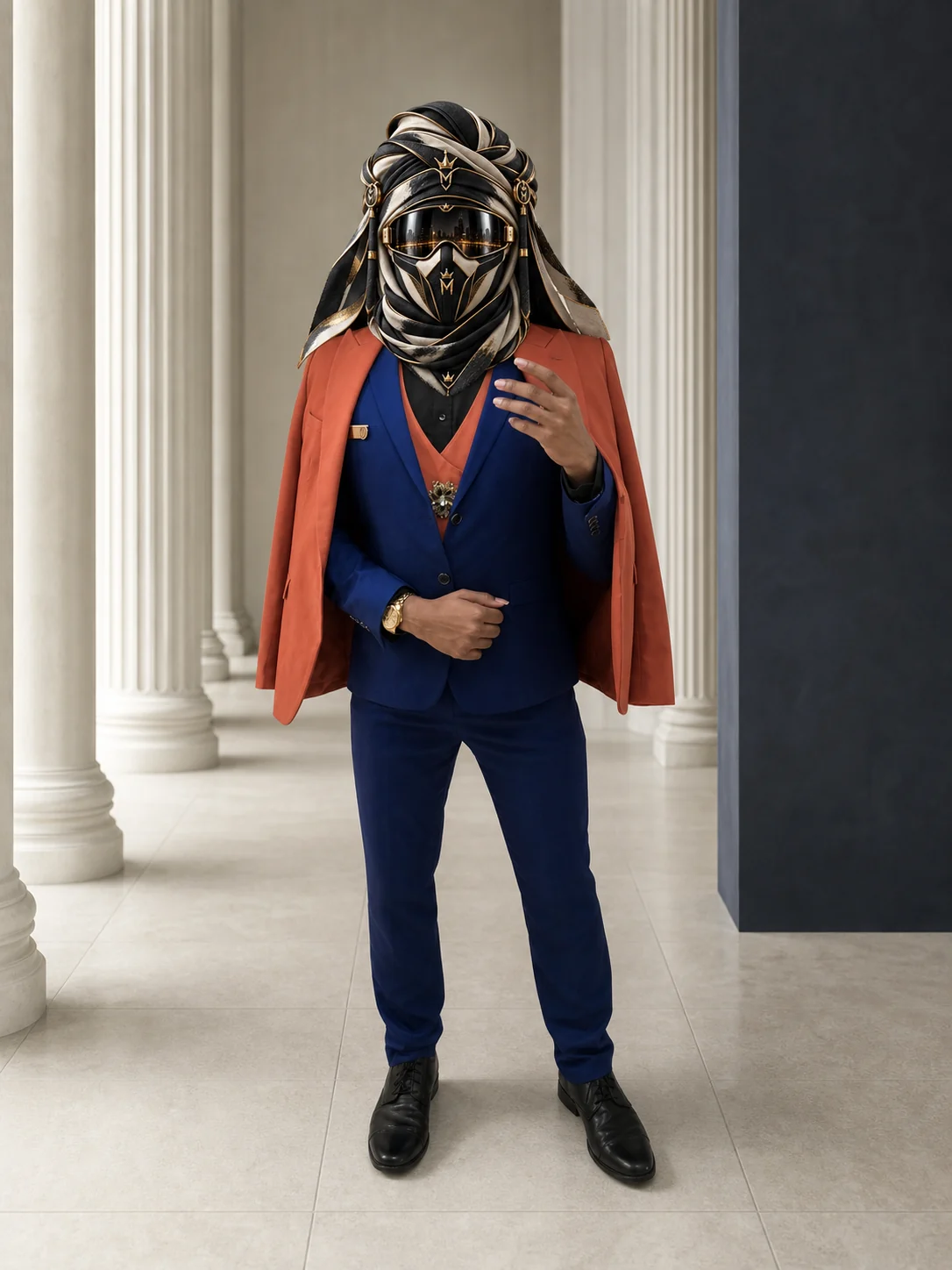 Full-length view of Orange Outside, Blue Inside, an orange outer layer worn over cobalt-blue tailoring, with the official Marzelest face covering.