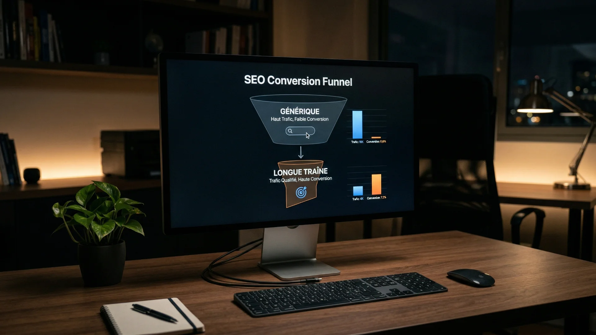Schéma de ciblage de la longue traîne pour une stratégie de contenu SEO rentable avec budget maîtrisé.
