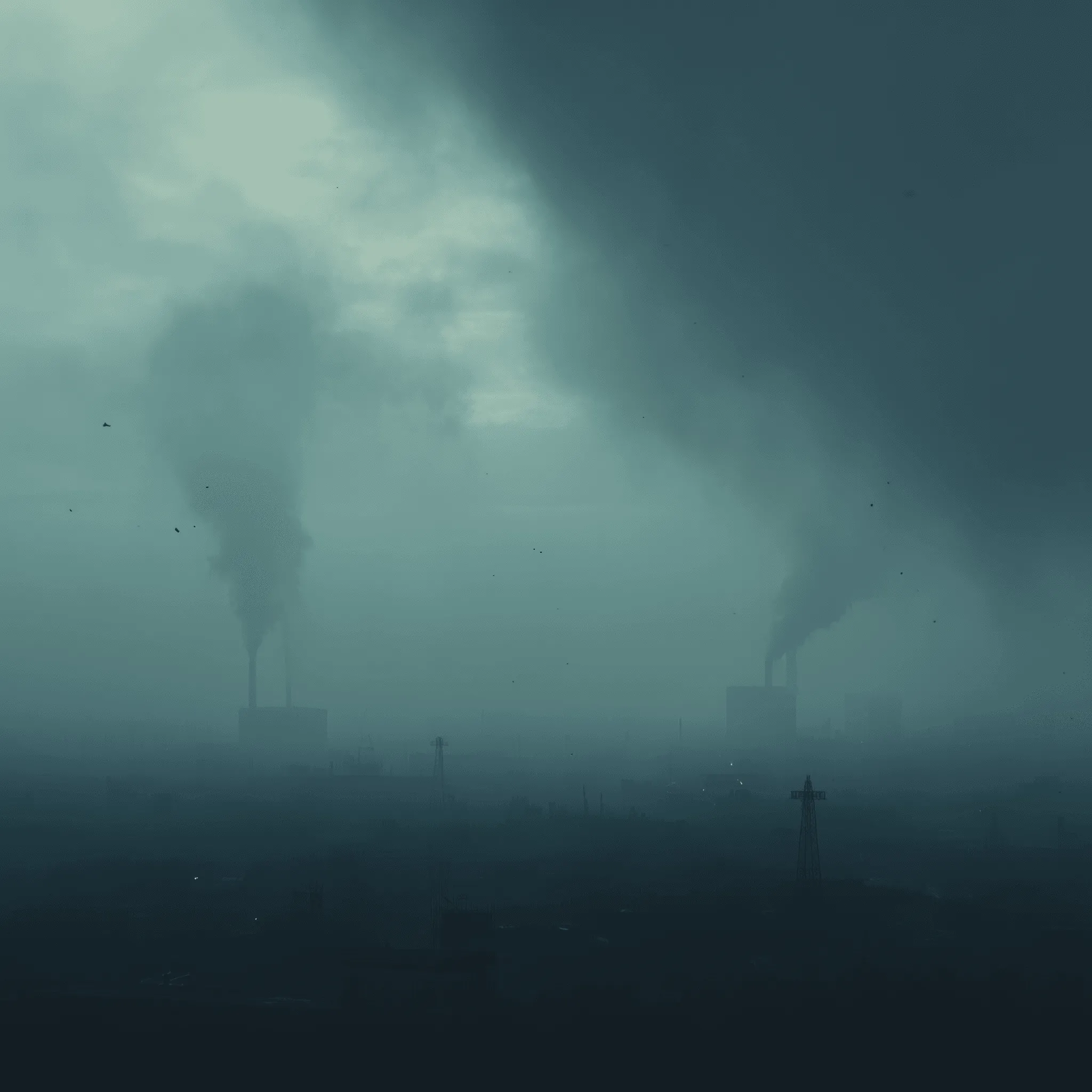 Smoke billowing from industrial smokestacks on a foggy, overcast day. Environmental pollution.