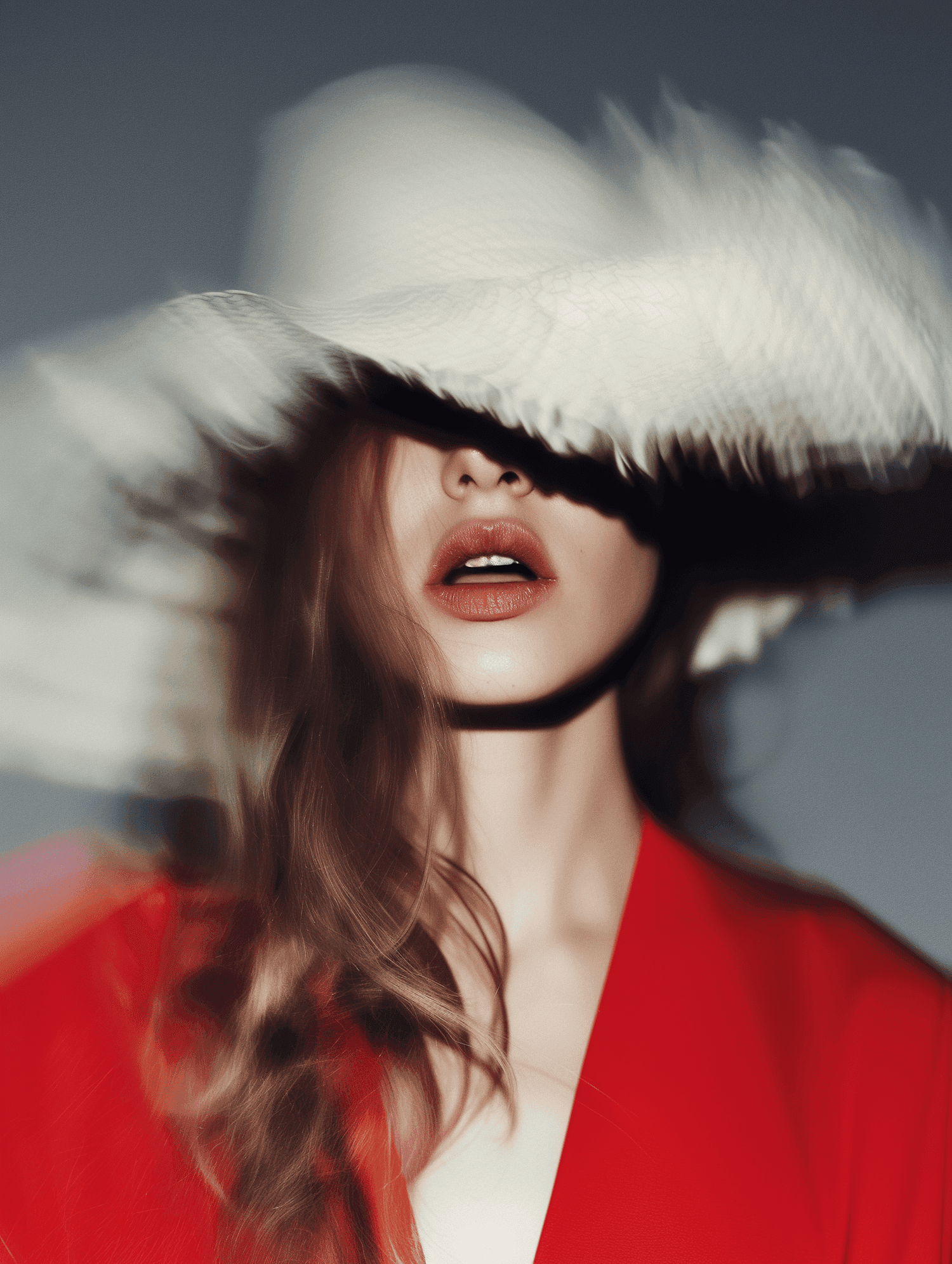 Woman in fur hat with parted lips and soft blur