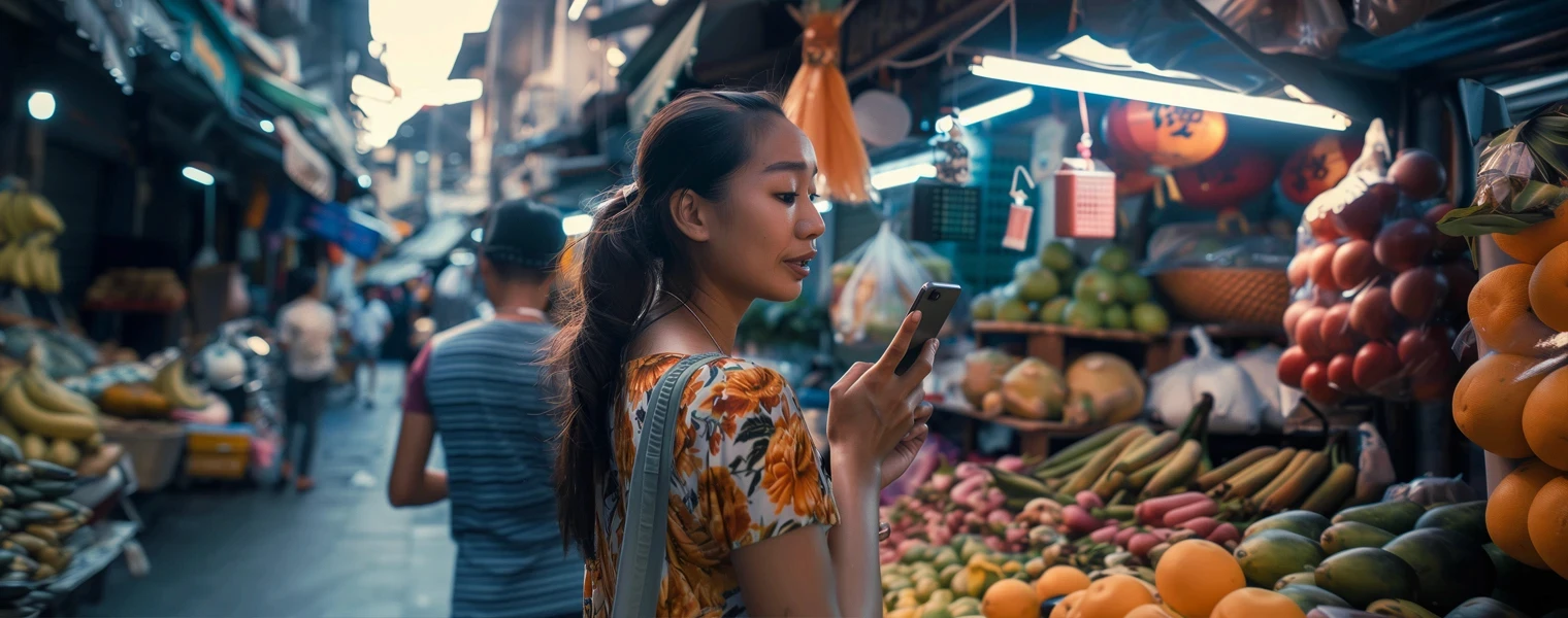 A shopper uses an agentic translation mobile app while browsing a street market.