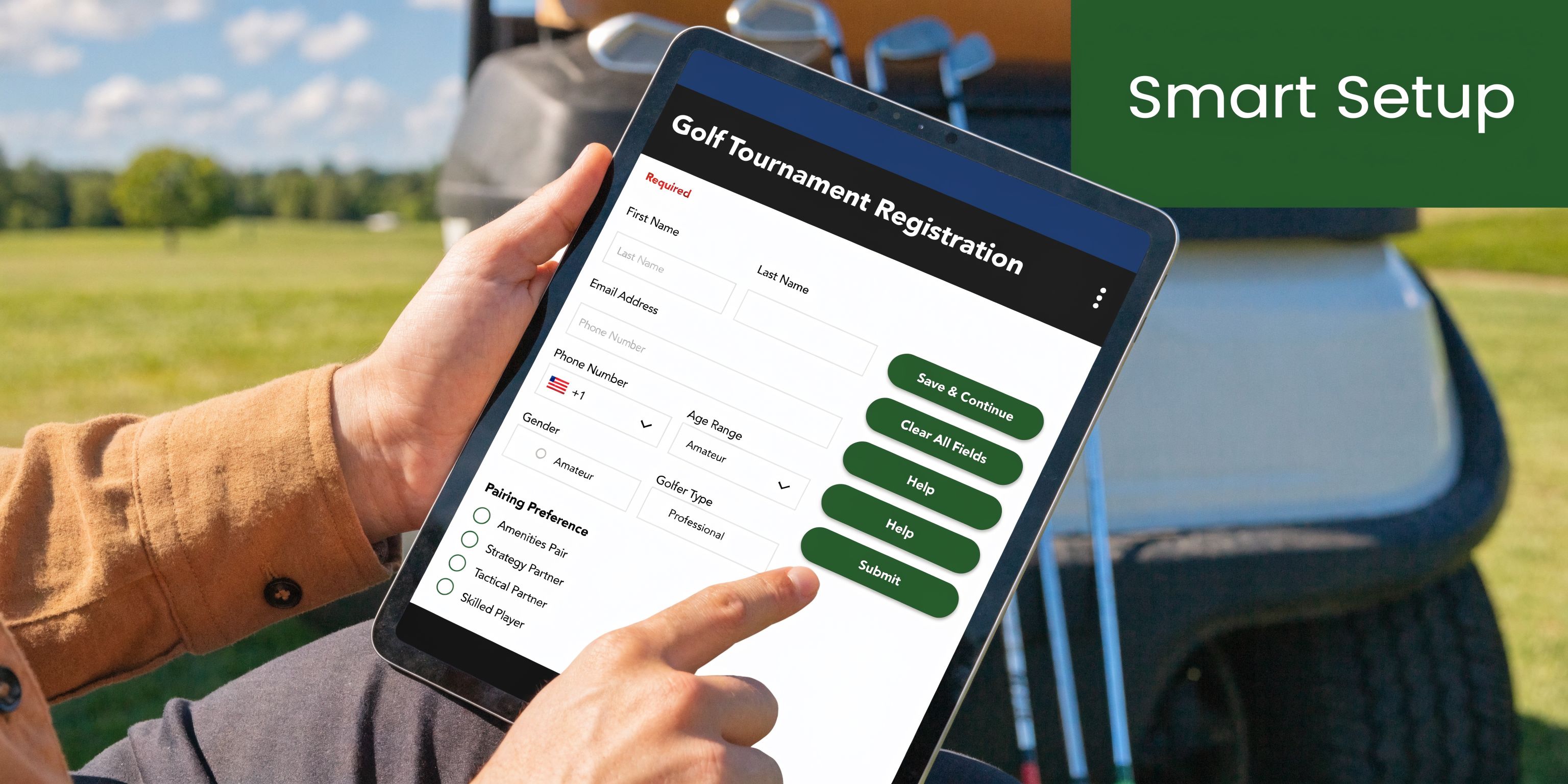 A person using a tablet to fill out a golf tournament registration form while outdoors.