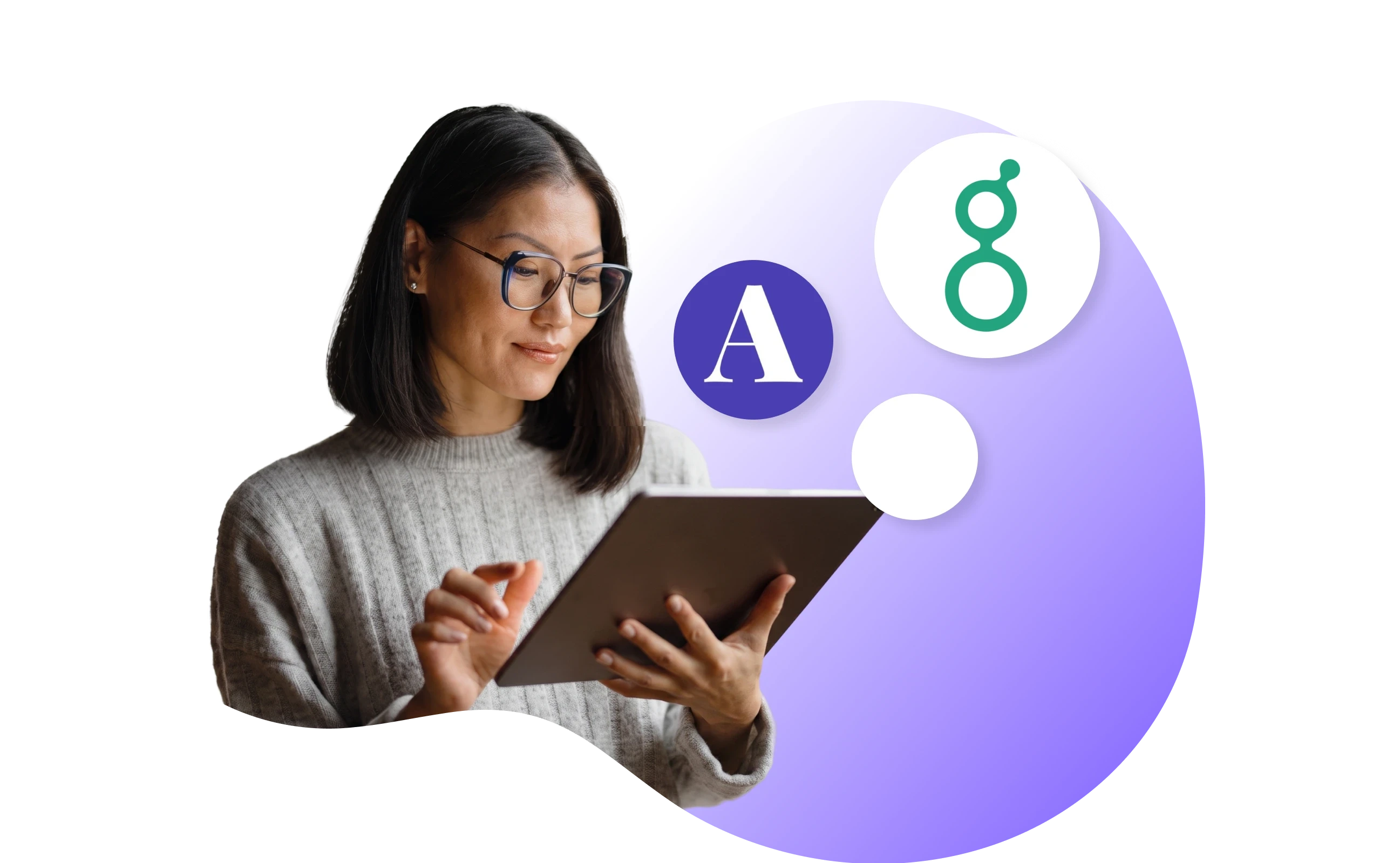 A woman holding and looking at a tablet on the right with different tools logos.