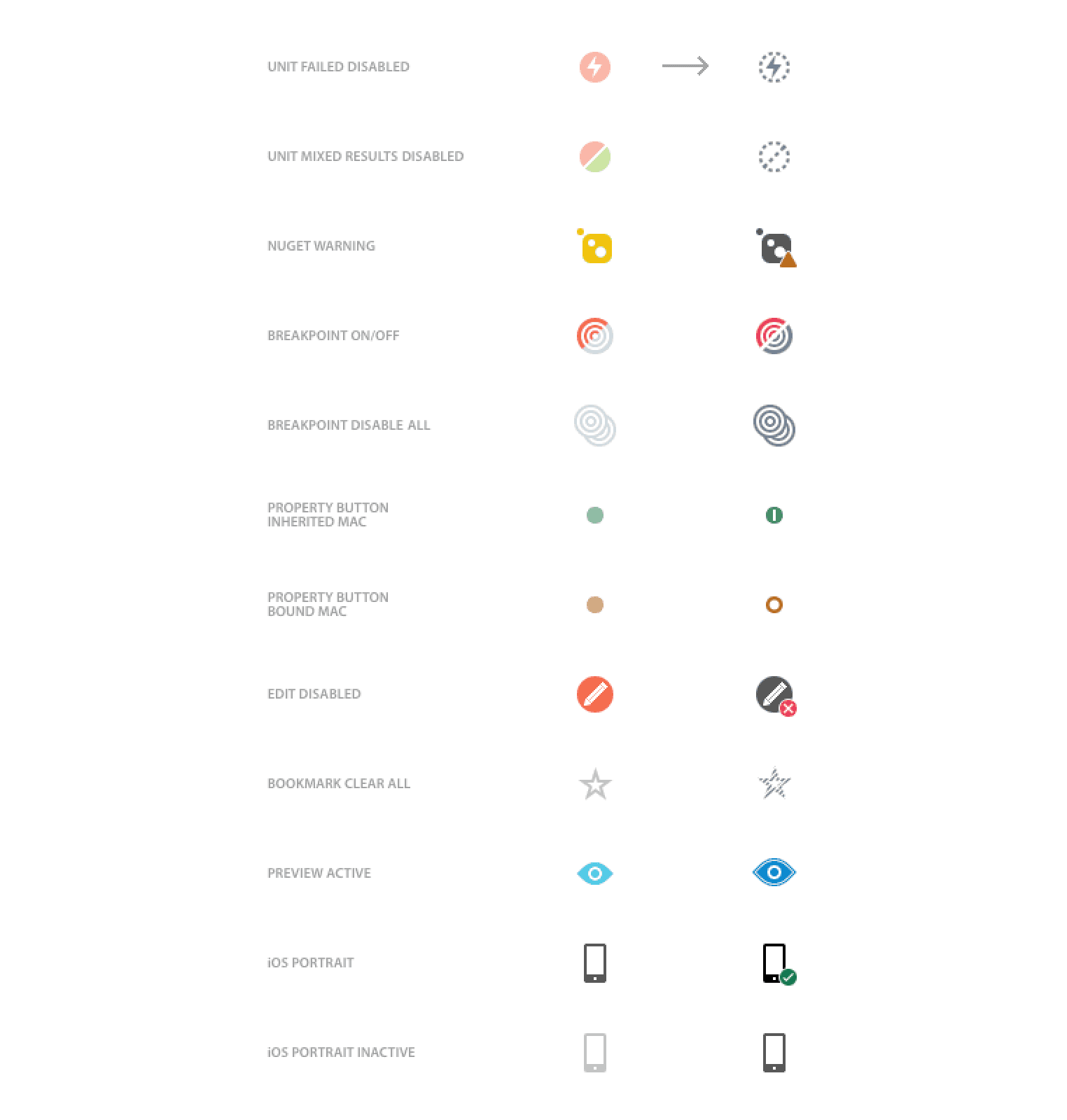 Examples of old icons with accessibility issues, and the new rendering with highlighted fixes.