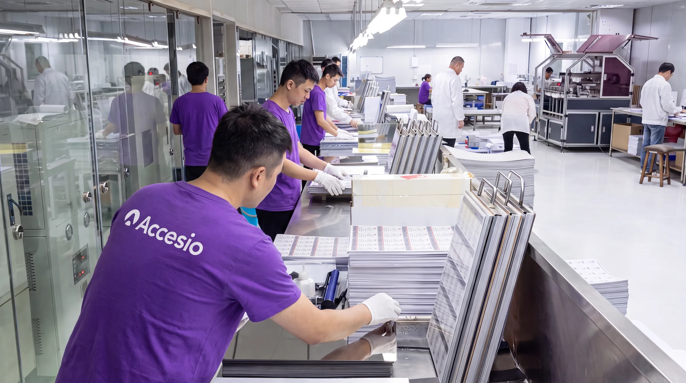 Accesio staff printing and cutting RFID credential sheets on the company's own production line