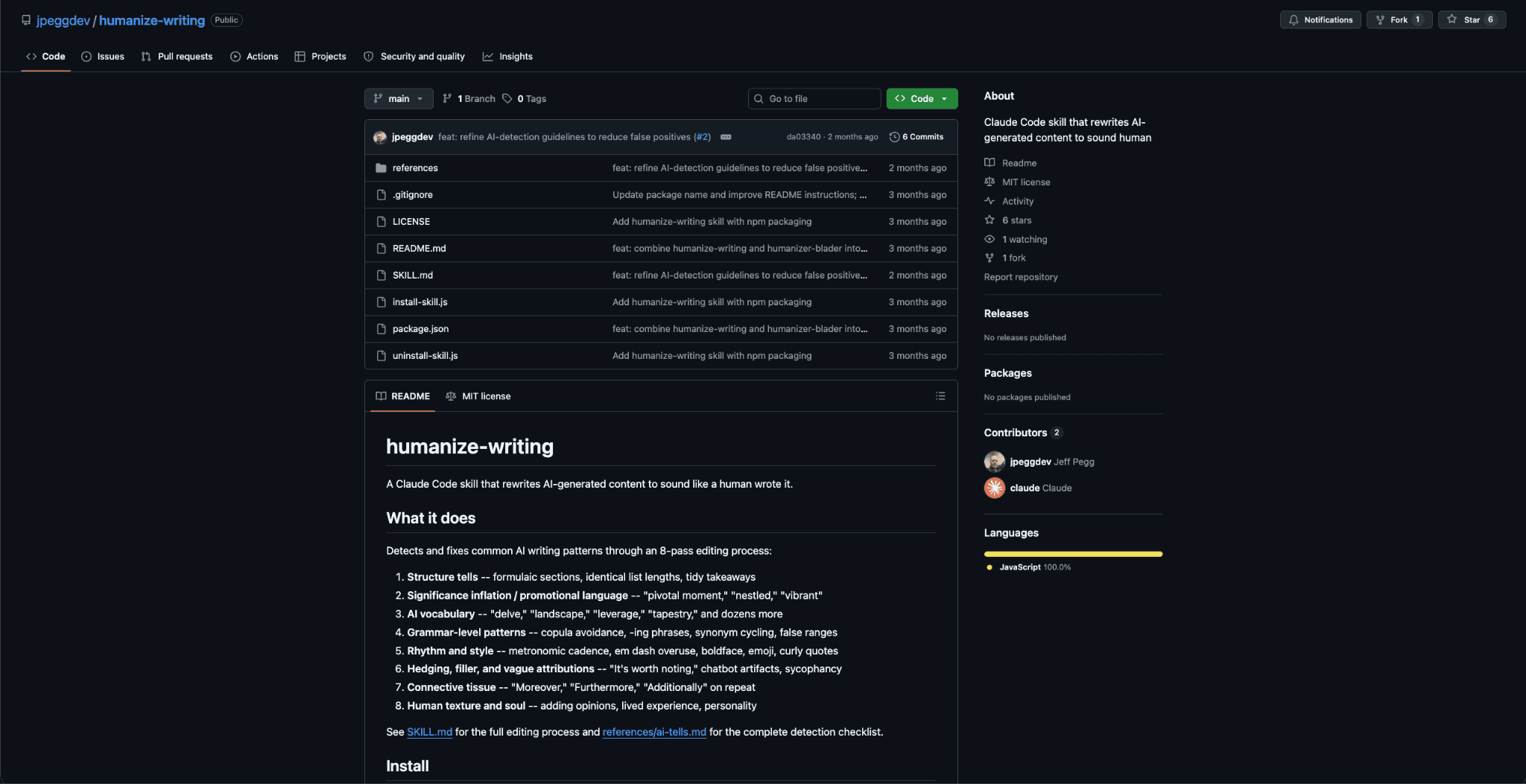 Screenshot of a github repo that shows a claude skill for humanizing ai content