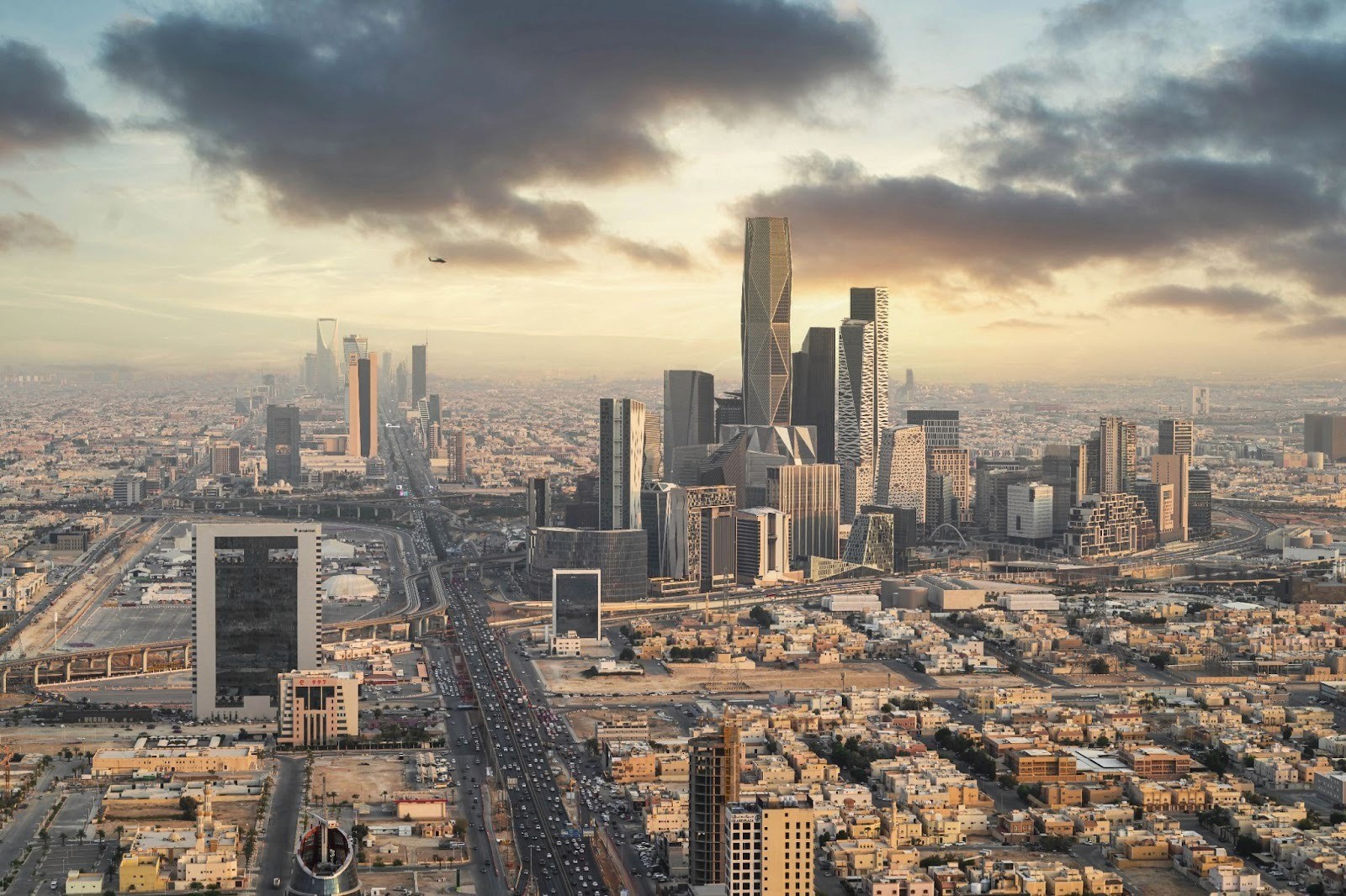 A picture of the KAFD skyline from above, showing Riyadh, the busy capital of Saudi Arabia.