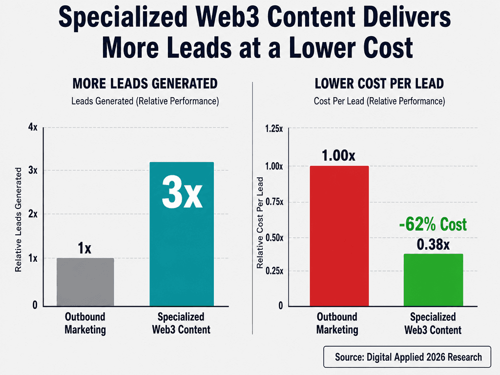 Bar chart showing specialized content generates 3x more leads and 62% lower cost per lead compared to outbound marketing channels.