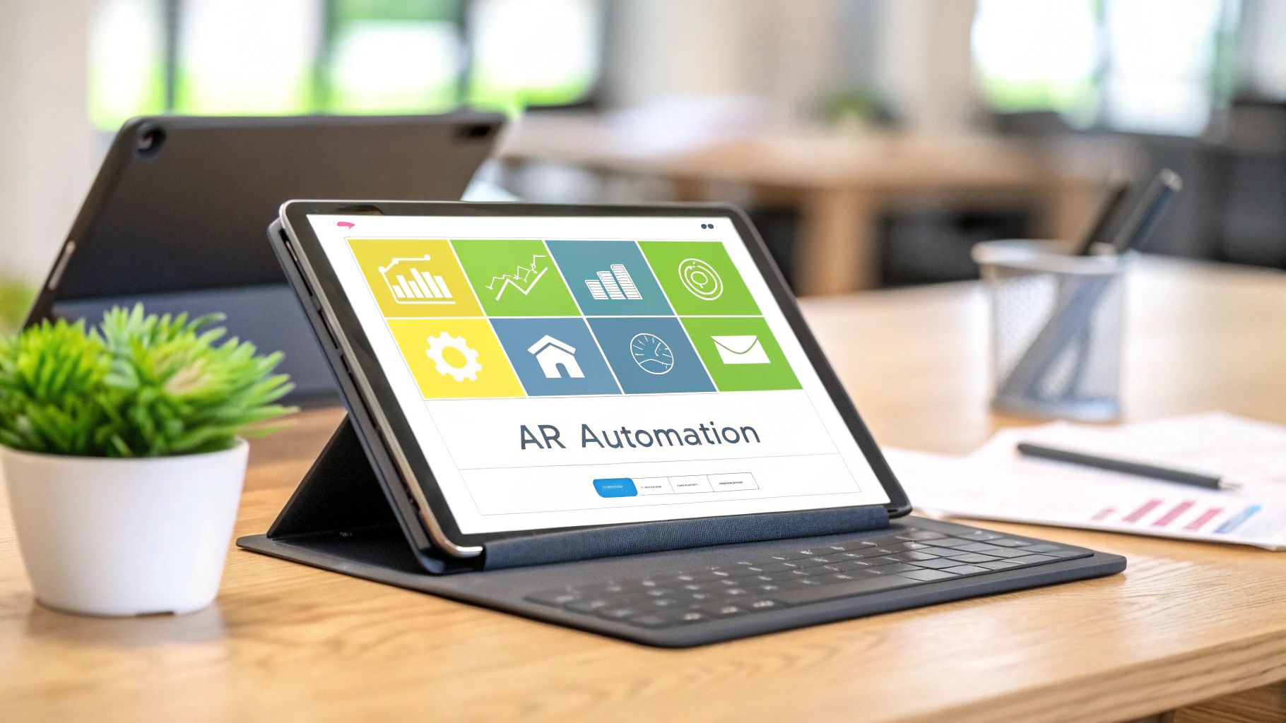 Tablet displaying AR Automation dashboard with icons for financial analytics and accounts receivable management