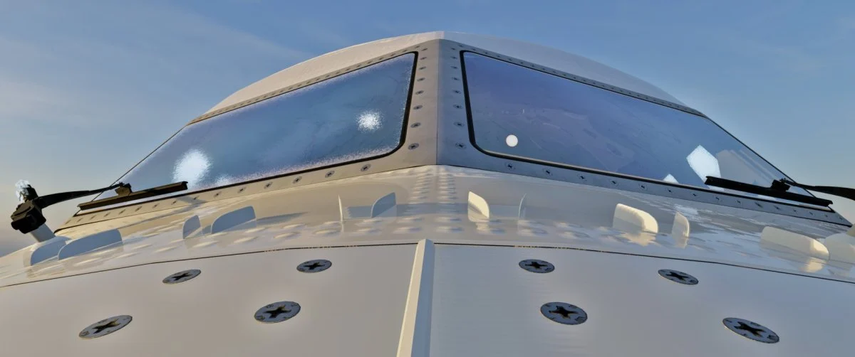 AFL 737 MAX cockpit windows and fuselage crown seen from below with detailed rivet work
