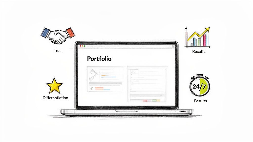 A sketch of a laptop displaying 'Portfolio', surrounded by icons for Trust, Differentiation, and Results.